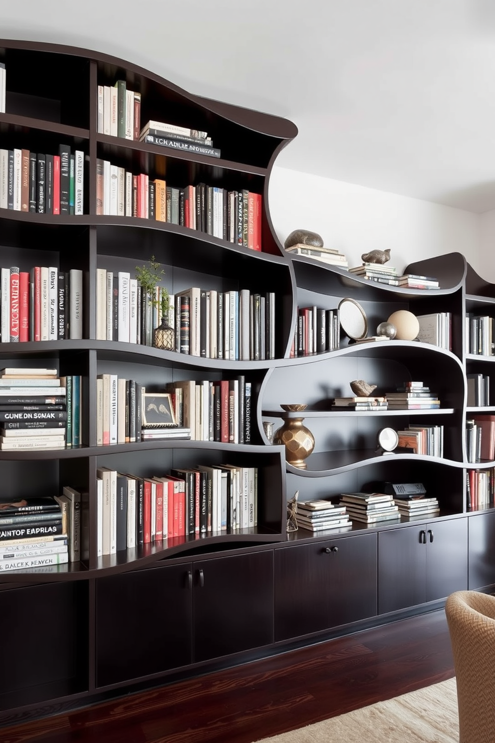 A contemporary home library features sculptural bookshelves that double as striking art pieces. The shelves are designed with fluid lines and dynamic shapes, showcasing a curated collection of books and decorative objects.