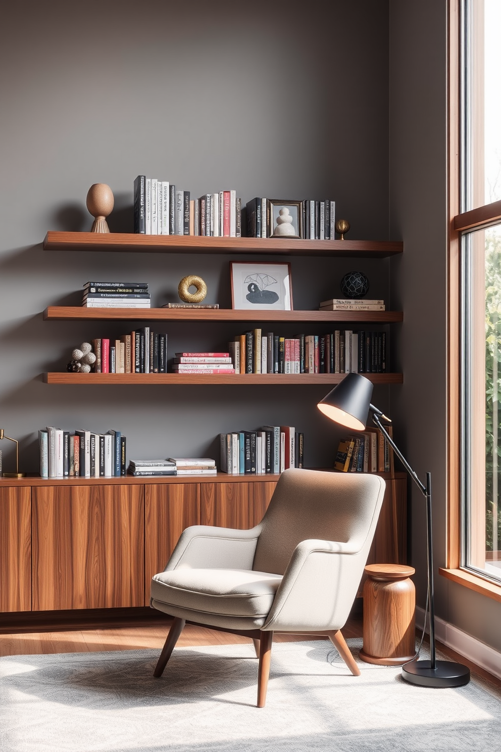 A contemporary home library with floating shelves that showcase a curated collection of books and decorative items. The shelves are made of sleek wood and are mounted on a feature wall painted in a soft gray hue. A cozy reading nook is created with a plush armchair positioned near a large window that allows natural light to flood the space. A stylish floor lamp stands beside the chair, providing warm illumination for evening reading sessions.