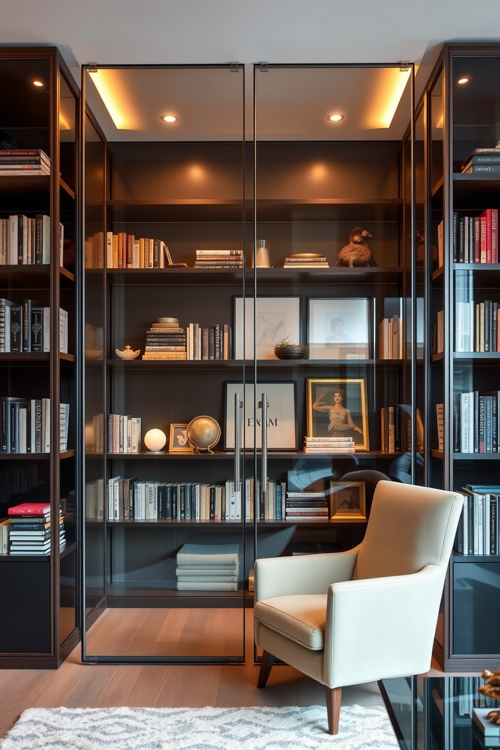 A contemporary home library featuring glass doors that elegantly showcase a collection of books and decorative items. The space is adorned with sleek shelving units, a comfortable reading chair, and warm ambient lighting to create an inviting atmosphere.