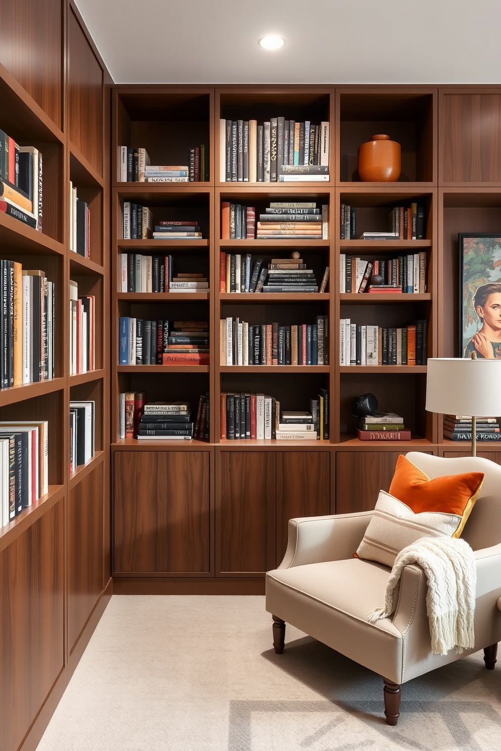 A contemporary home library featuring a neutral color palette complemented by warm accents. The space includes sleek built-in bookshelves filled with an array of books, and a cozy reading nook with a plush armchair and a soft throw blanket.