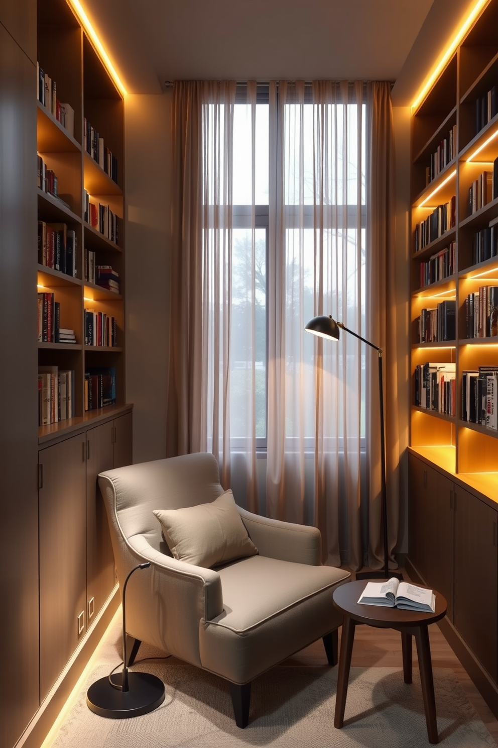 A cozy reading nook with integrated lighting features a plush armchair in a soft fabric positioned next to a sleek wooden side table. The walls are lined with built-in bookshelves filled with books, illuminated by warm LED strip lights that create a welcoming ambiance. Natural light filters in through a large window adorned with sheer curtains, complementing the warm tones of the room. A stylish floor lamp stands in the corner, providing additional light for evening reading sessions.