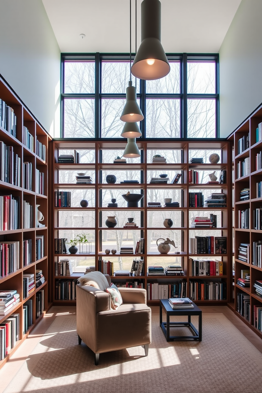 A contemporary home library features large windows that flood the space with natural light. The walls are lined with sleek, built-in bookshelves filled with an array of books and decorative items. A comfortable reading nook is created with a plush armchair and a small side table. Modern lighting fixtures hang from the ceiling, adding a stylish touch to the inviting atmosphere.