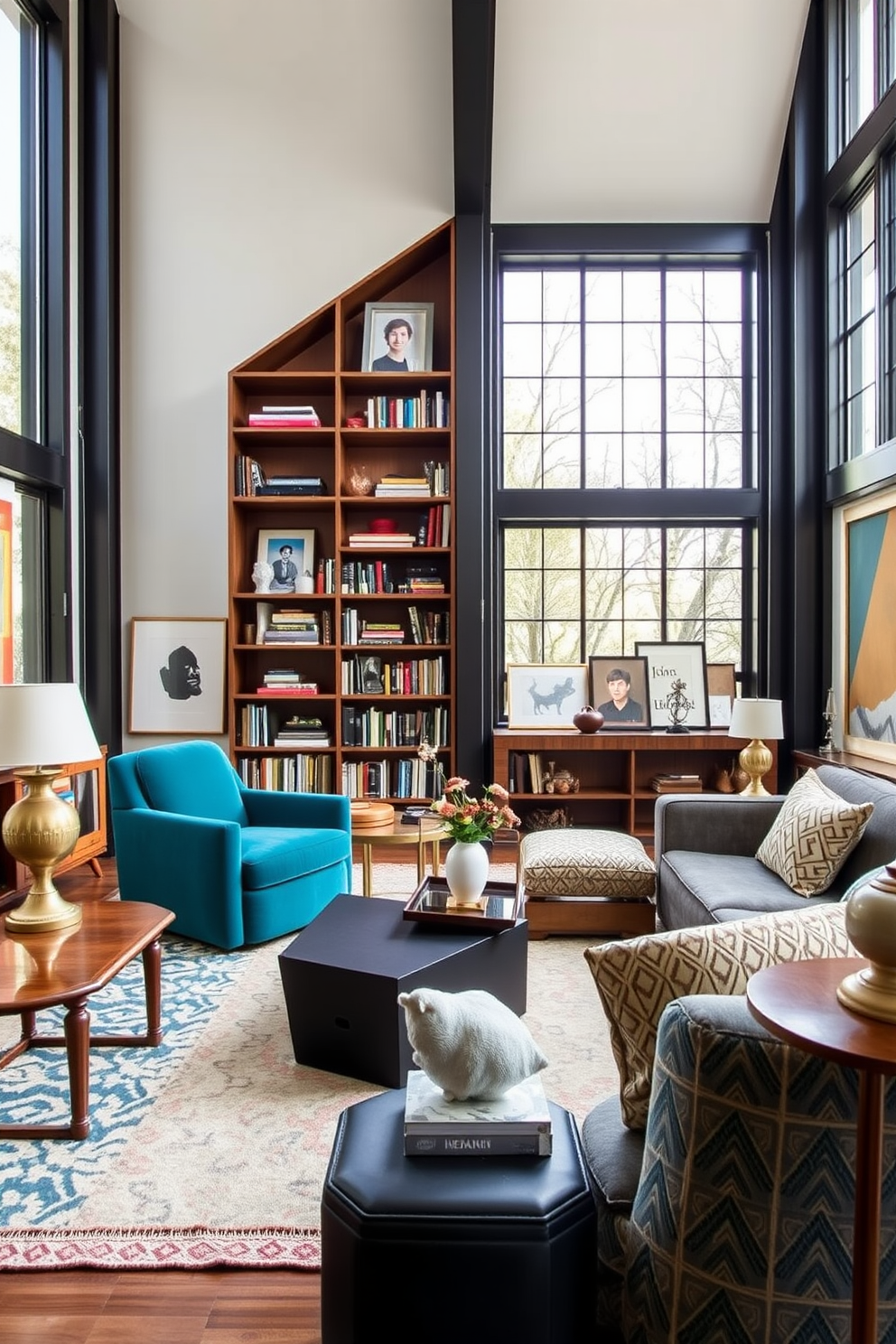 A contemporary home library featuring a neutral color palette with pops of color throughout the space. The walls are painted in soft beige, complemented by a rich navy accent wall filled with bookshelves. A large, comfortable sofa in light gray is adorned with vibrant throw pillows in shades of teal and mustard yellow. A sleek glass coffee table sits in the center, surrounded by a few colorful art pieces that add character to the room.