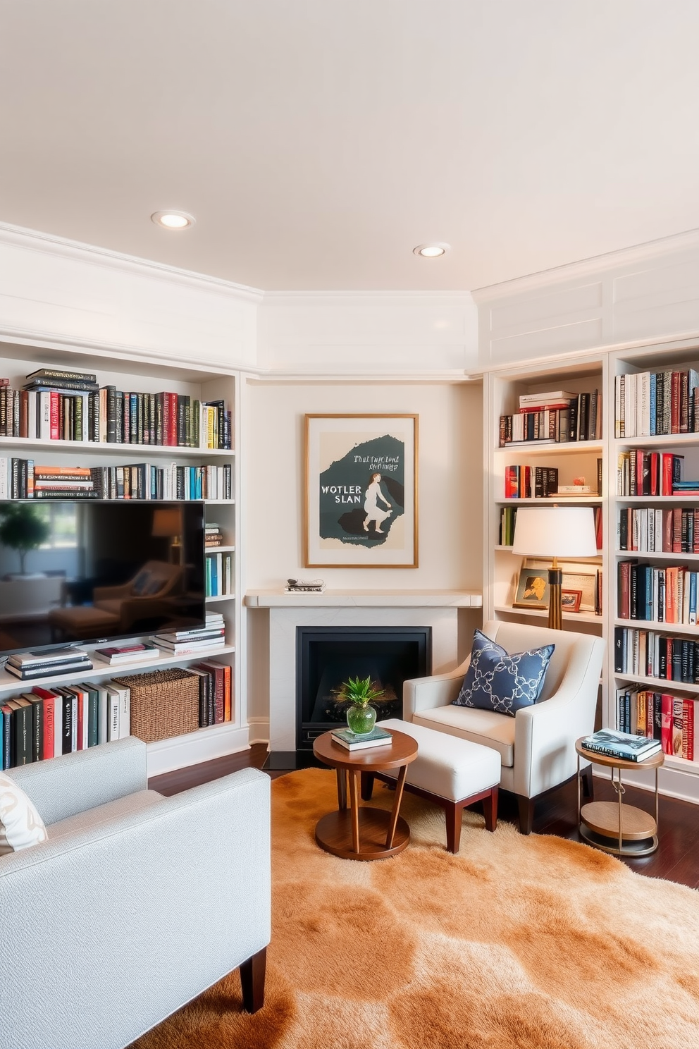 A multi-functional space that combines a cozy reading area with a stylish home library. The design features built-in bookshelves filled with books, a comfortable armchair, and a warm area rug to create an inviting atmosphere.