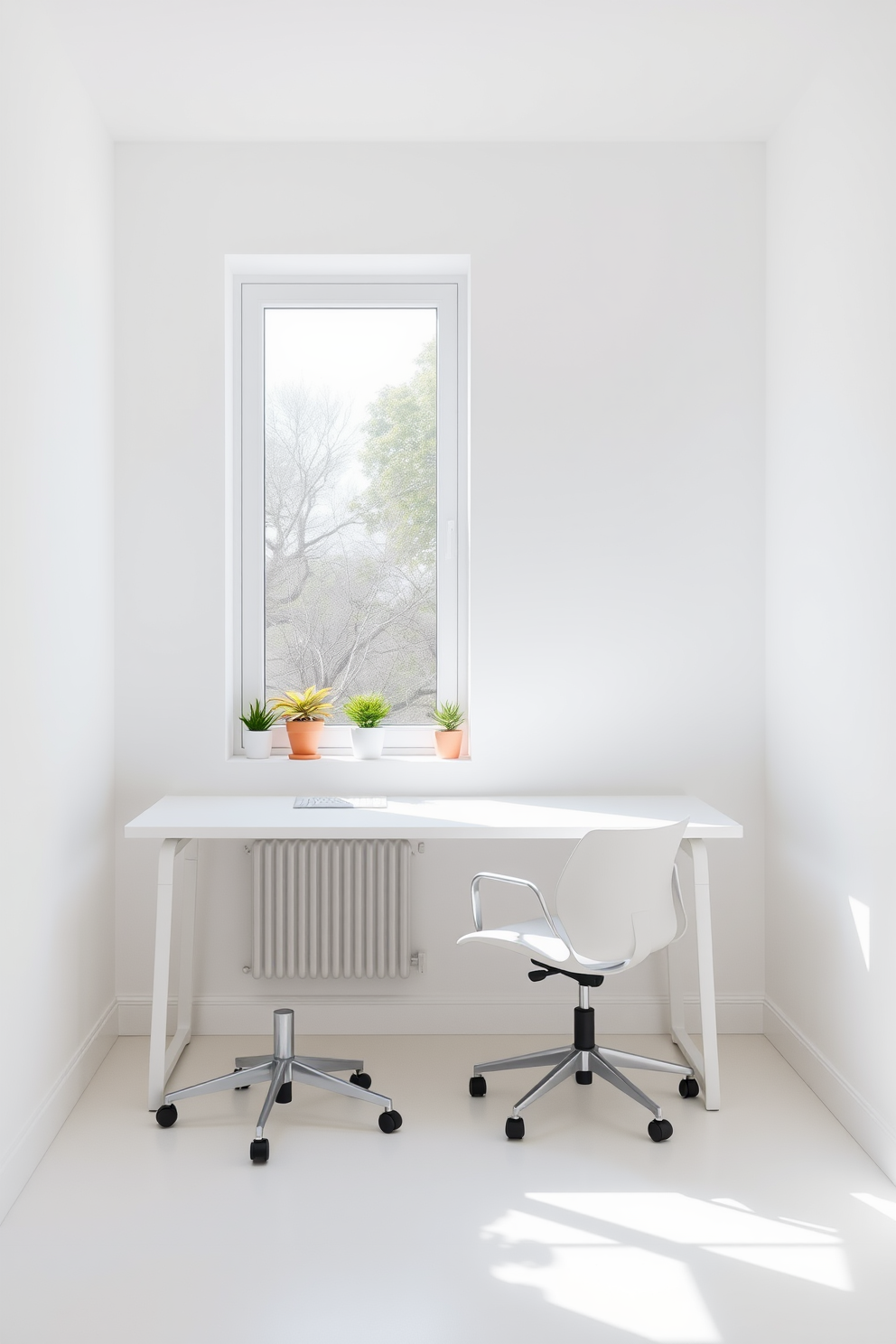 Bright minimalist workspace with natural light. The office features a sleek white desk paired with a comfortable ergonomic chair positioned near a large window that floods the space with sunlight. The walls are painted in a soft white hue, enhancing the airy feel of the room. A few potted plants are placed on the windowsill, adding a touch of greenery to the clean and uncluttered design.