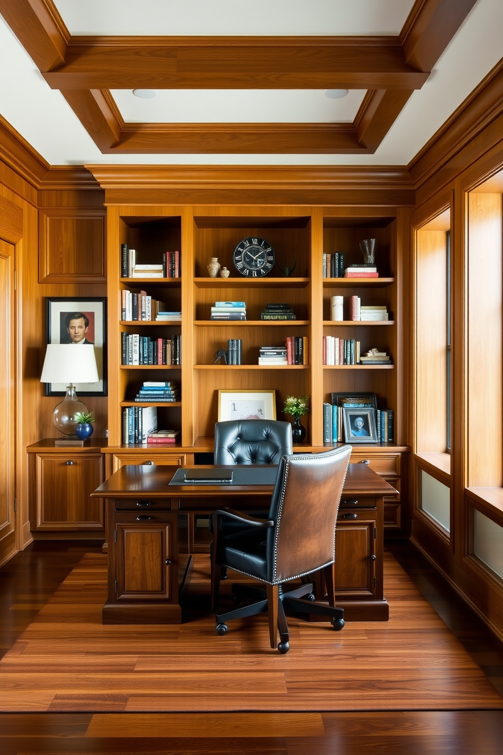 A contemporary home office featuring warm wood tones throughout the space. The desk is made of rich mahogany, complemented by a comfortable leather chair and built-in shelving filled with books and decorative items.