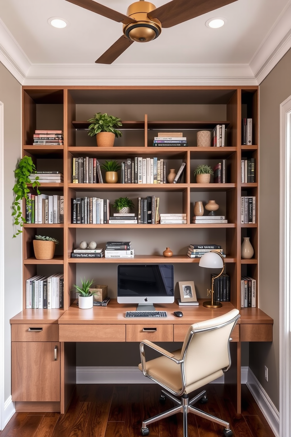 A contemporary home office features open shelving that provides easy access to supplies and keeps the space organized. The shelves are arranged in a stylish manner, displaying books, plants, and decorative items that enhance the overall aesthetic.