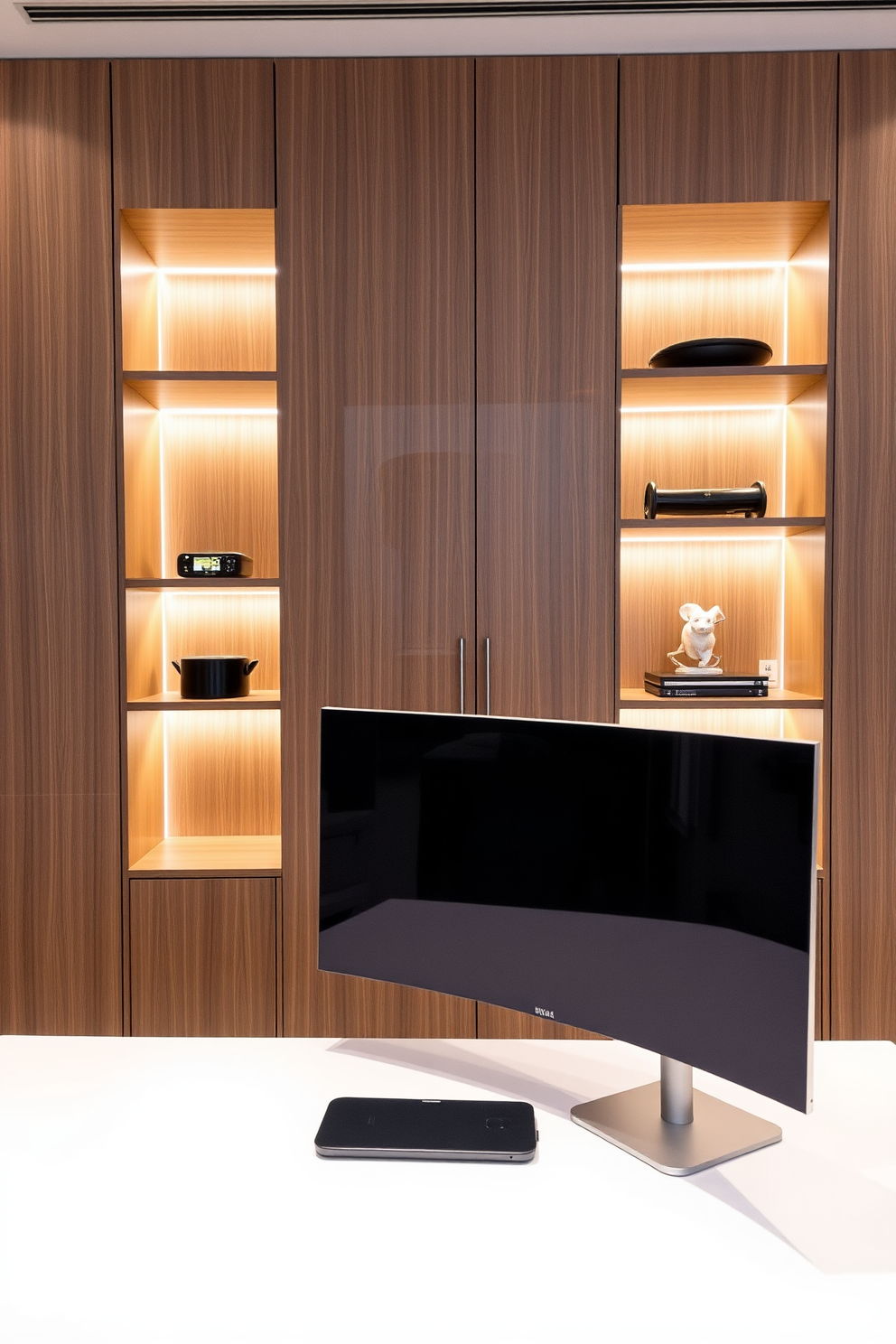 A contemporary home office featuring sleek built-in shelves with integrated technology seamlessly blending into the design. The desk is minimalist with a wireless charging pad and a large monitor, while soft LED lighting creates an inviting atmosphere.