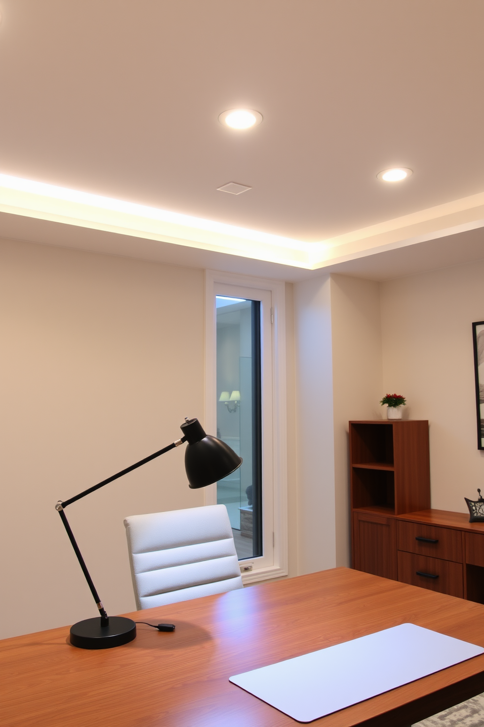 A contemporary home office features layered lighting that creates a dynamic atmosphere. Recessed ceiling lights provide general illumination while a stylish desk lamp offers focused task lighting on a sleek wooden desk.