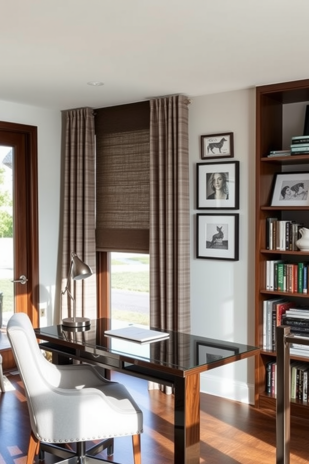 A contemporary home office featuring industrial elements with metal accents. The room showcases a sleek metal desk paired with a comfortable ergonomic chair, surrounded by exposed brick walls and large windows that flood the space with natural light. A stylish bookshelf made of reclaimed wood and metal frames stands against one wall, filled with books and decorative items. The flooring is polished concrete, and a vibrant area rug adds warmth and texture to the space.