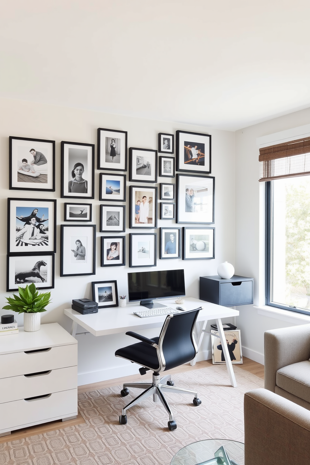 Cozy reading nook with chair. A plush armchair is nestled in the corner, surrounded by tall bookshelves filled with colorful books. Contemporary home office design ideas. A sleek desk with a minimalist design faces a large window, allowing natural light to flood the space.