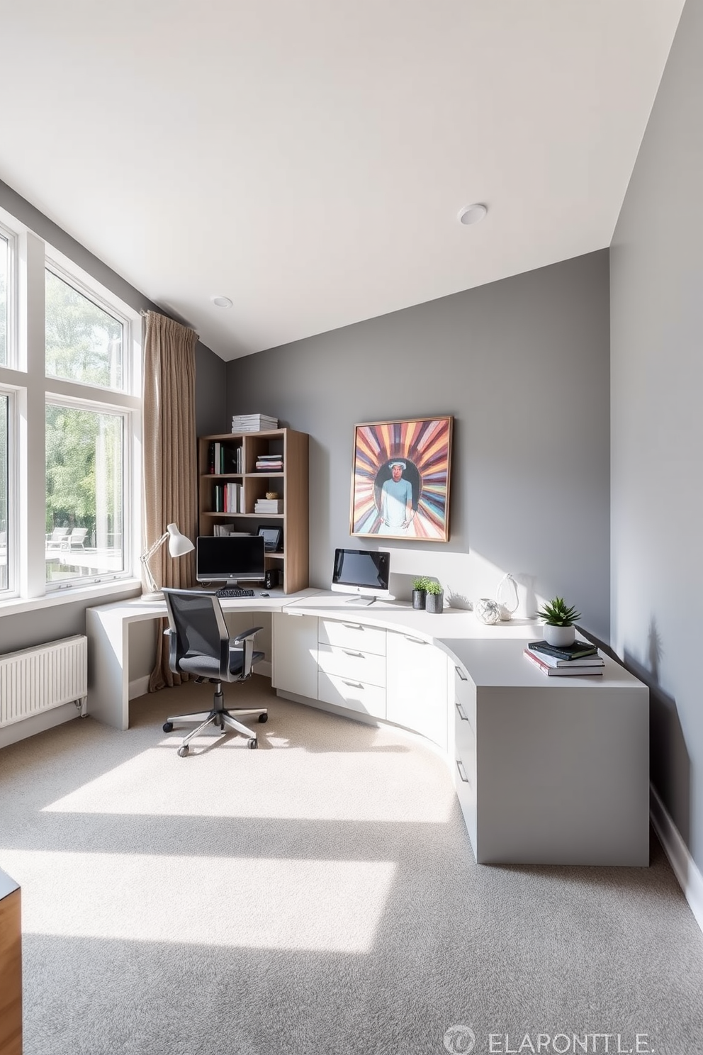 An L-shaped desk occupies the corner of a spacious home office, providing ample surface area for productivity. The desk is paired with an ergonomic chair, and large windows allow natural light to flood the room, enhancing the modern aesthetic. The walls are painted in a soft gray, complementing the sleek design of the furniture. A stylish bookshelf filled with neatly arranged books and decorative items adds character to the space, while a vibrant piece of artwork brings a pop of color to the overall design.