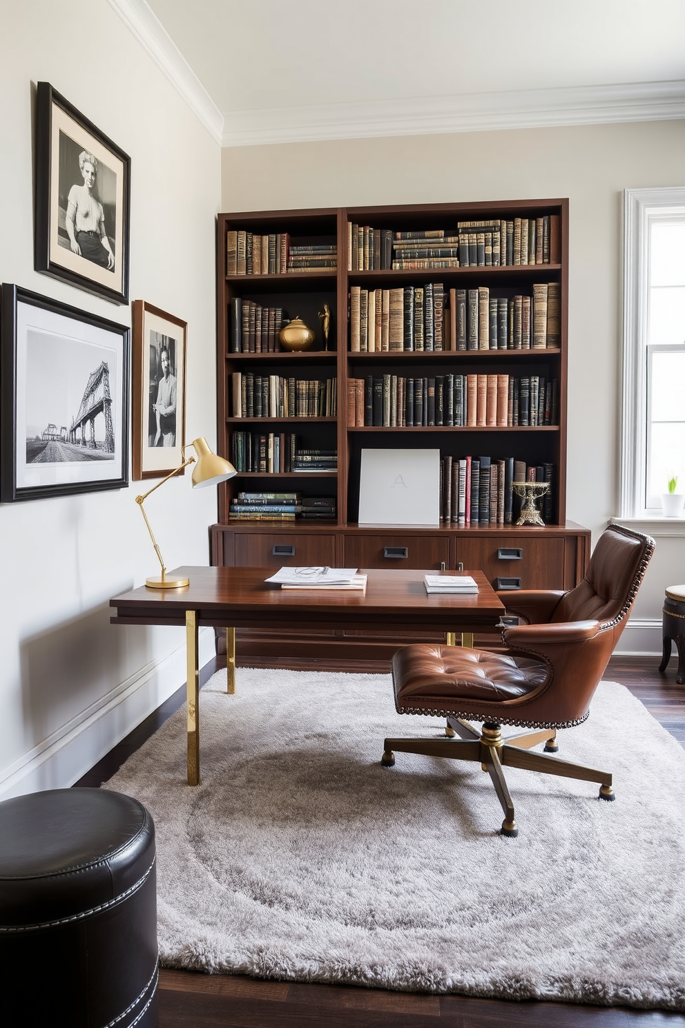 A contemporary home office featuring vintage touches that create a unique blend of styles. The room includes a sleek wooden desk with brass accents, paired with an antique leather chair that adds character. The walls are adorned with framed vintage artwork and a large bookshelf filled with classic novels. A plush area rug in muted tones anchors the space, while a modern desk lamp provides focused lighting for productivity.