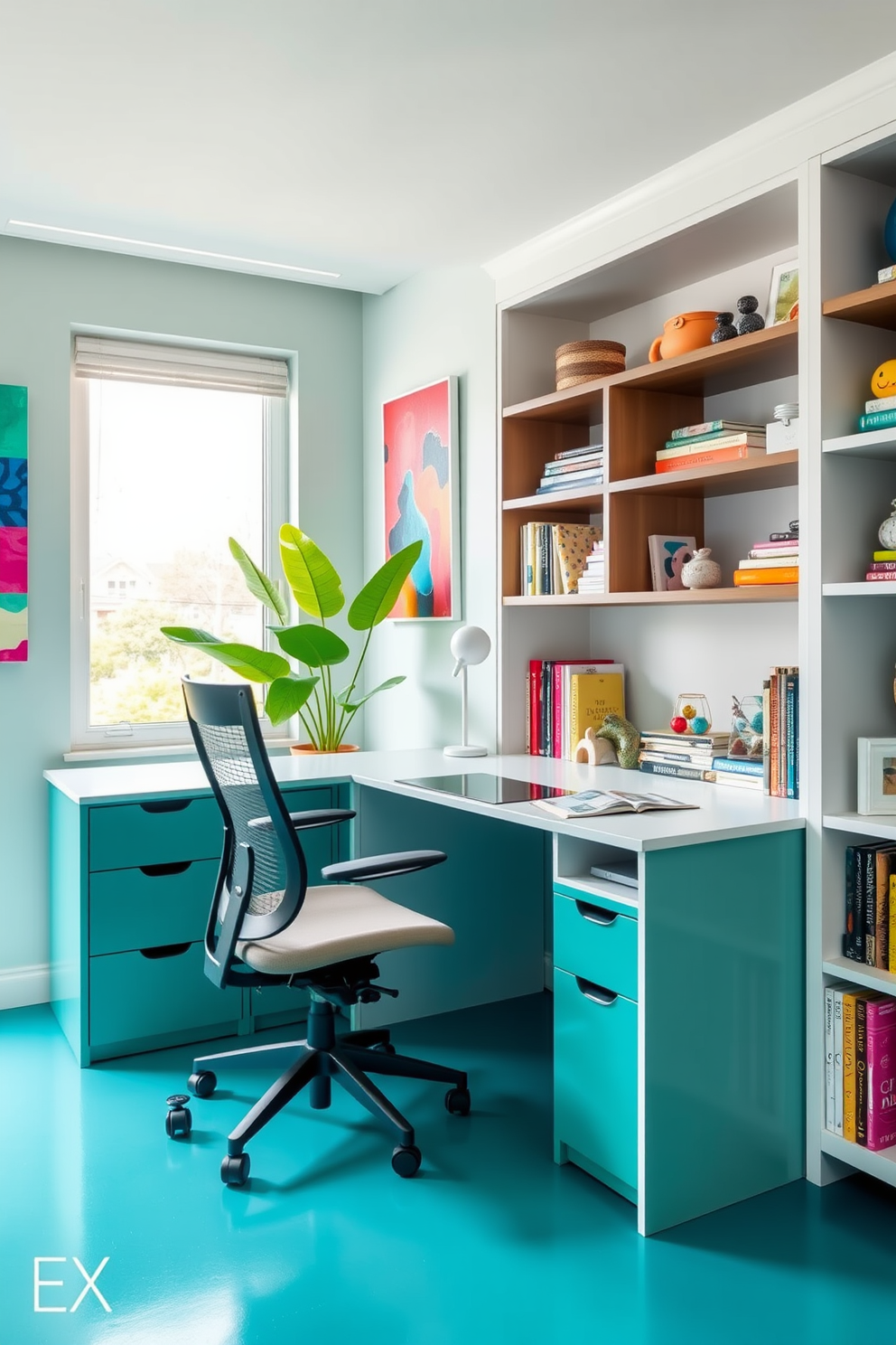 A contemporary home office features a sleek desk in a vibrant teal color paired with a comfortable ergonomic chair. The walls are adorned with abstract art in bright hues, and a large window allows natural light to flood the space. A stylish bookshelf filled with colorful books and decorative items adds personality to the room. A lush green plant sits in the corner, bringing a touch of nature indoors and enhancing the cheerful atmosphere.