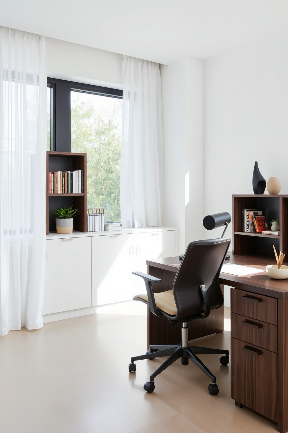 A sleek contemporary home office featuring a monochromatic color scheme. The walls are painted in a soft gray, complemented by a matching desk and ergonomic chair that create a cohesive and modern aesthetic. Large windows allow natural light to flood the space, illuminating the minimalist decor. A stylish bookshelf with a black finish showcases neatly arranged books and decorative items, enhancing the sophisticated atmosphere.