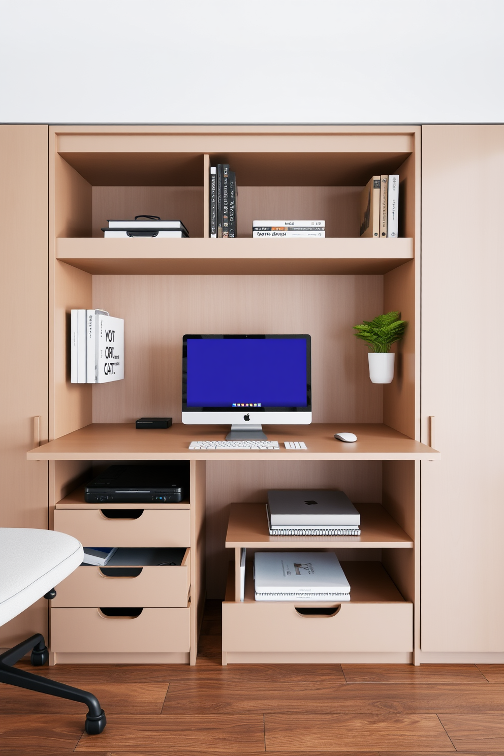 A split-level desk made of rich walnut wood sits in the center of a contemporary home office. The desk features a sleek design with one side elevated for a standing work option and the other side lower for seated tasks. Surrounding the desk are modern ergonomic chairs in a muted gray fabric, providing comfort and style. Large windows allow natural light to flood the space, complemented by minimalist shelving units filled with decorative books and plants.