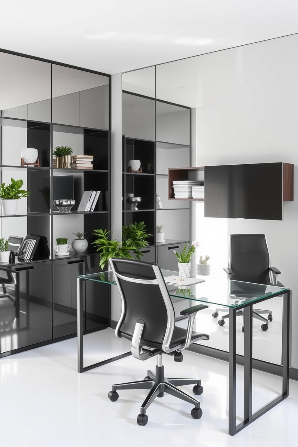 A contemporary home office features a sleek glass desk positioned against a light gray wall. Large mirrors are strategically placed to reflect natural light and create an illusion of a more spacious environment. The office includes a comfortable ergonomic chair and stylish shelving units that blend functionality with modern aesthetics. Potted plants and decorative items add a touch of personality while maintaining a clean and organized look.