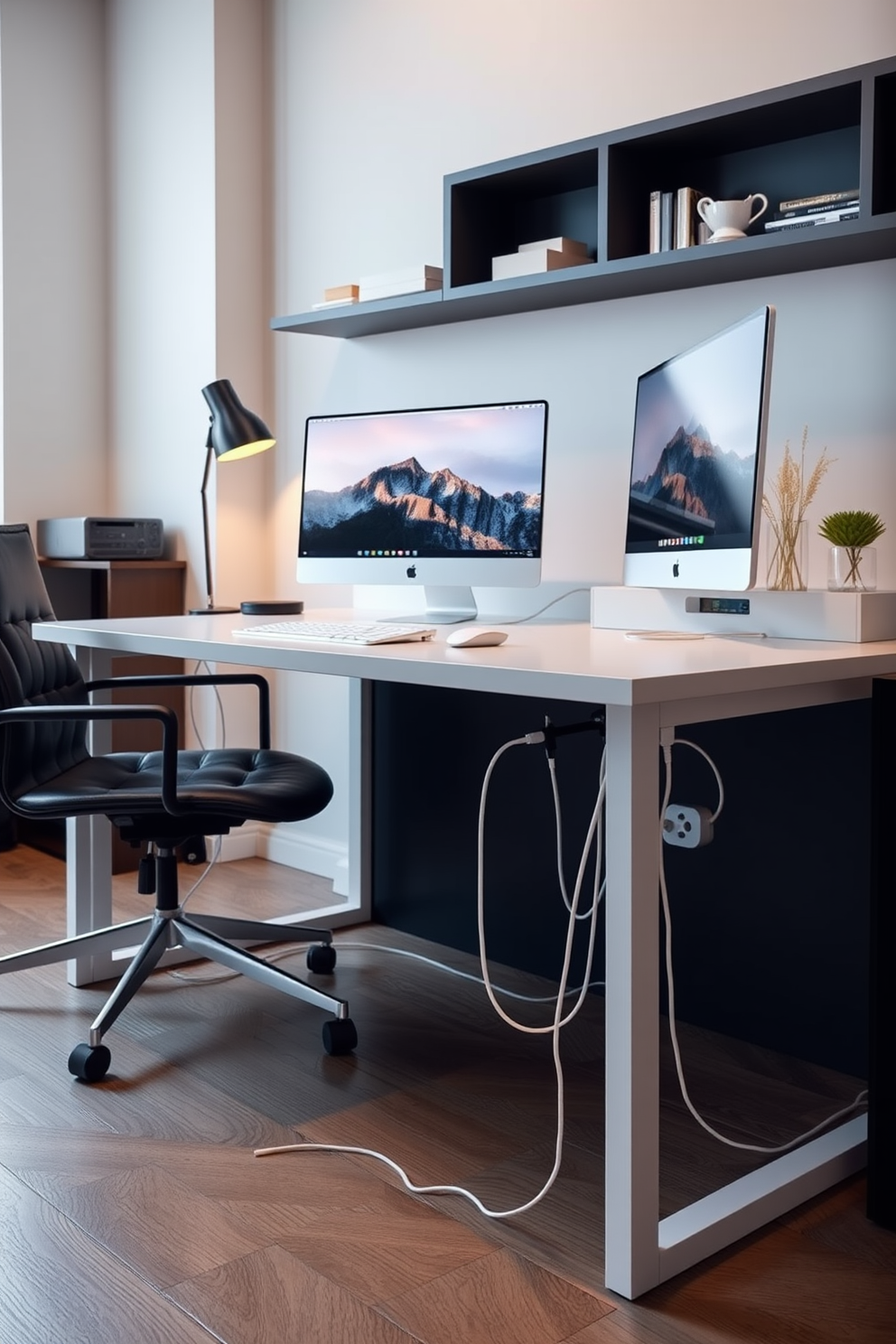 A contemporary home office features soft, flowing curtains that gently diffuse natural light, creating a warm and inviting atmosphere. The space is adorned with a sleek desk, ergonomic chair, and stylish shelving that showcases books and decorative items.