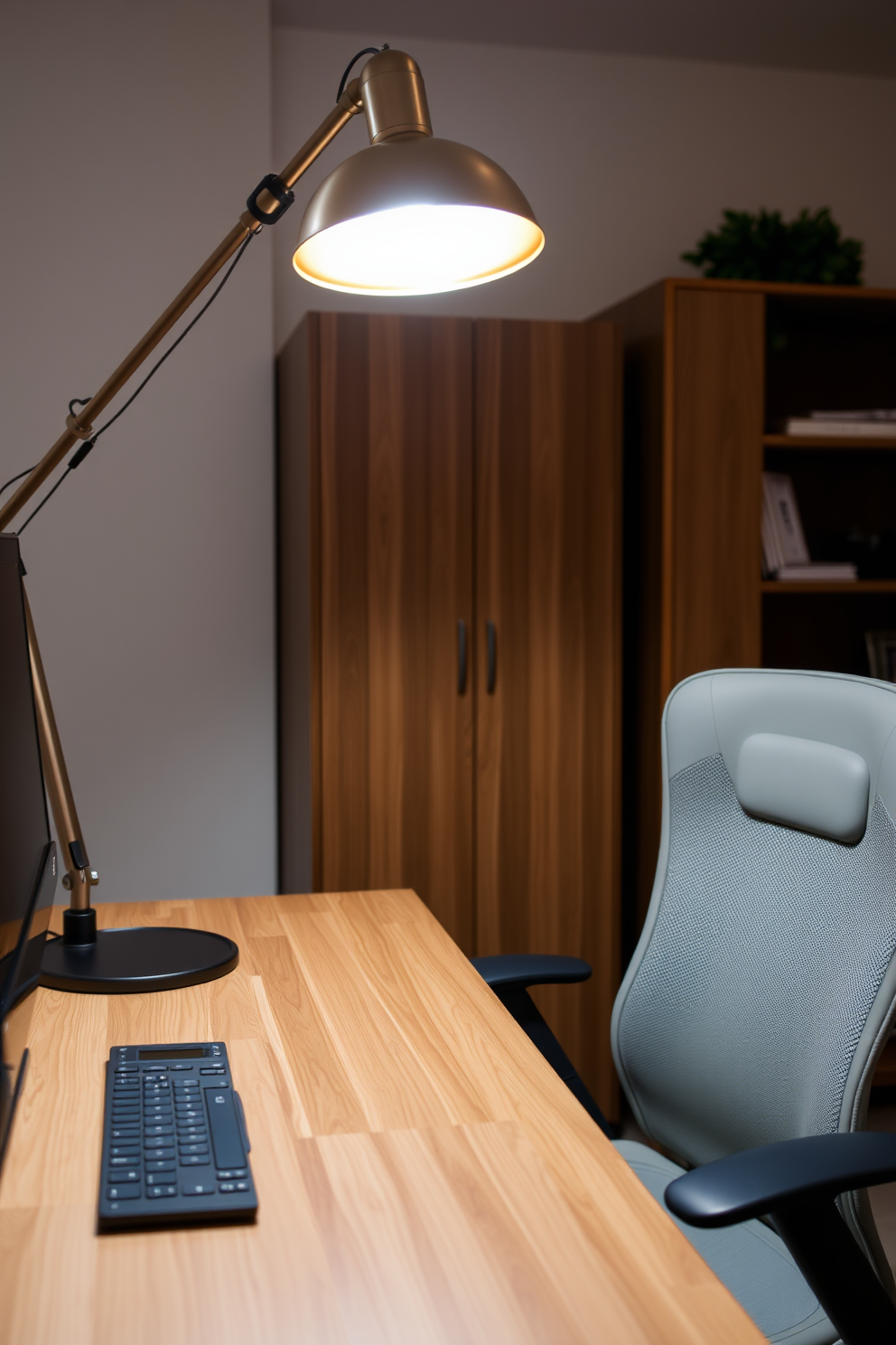 A stylish task lighting setup illuminates a sleek wooden desk in a contemporary home office. The light fixture features an adjustable arm and a warm metallic finish, casting a soft glow over a comfortable ergonomic chair.