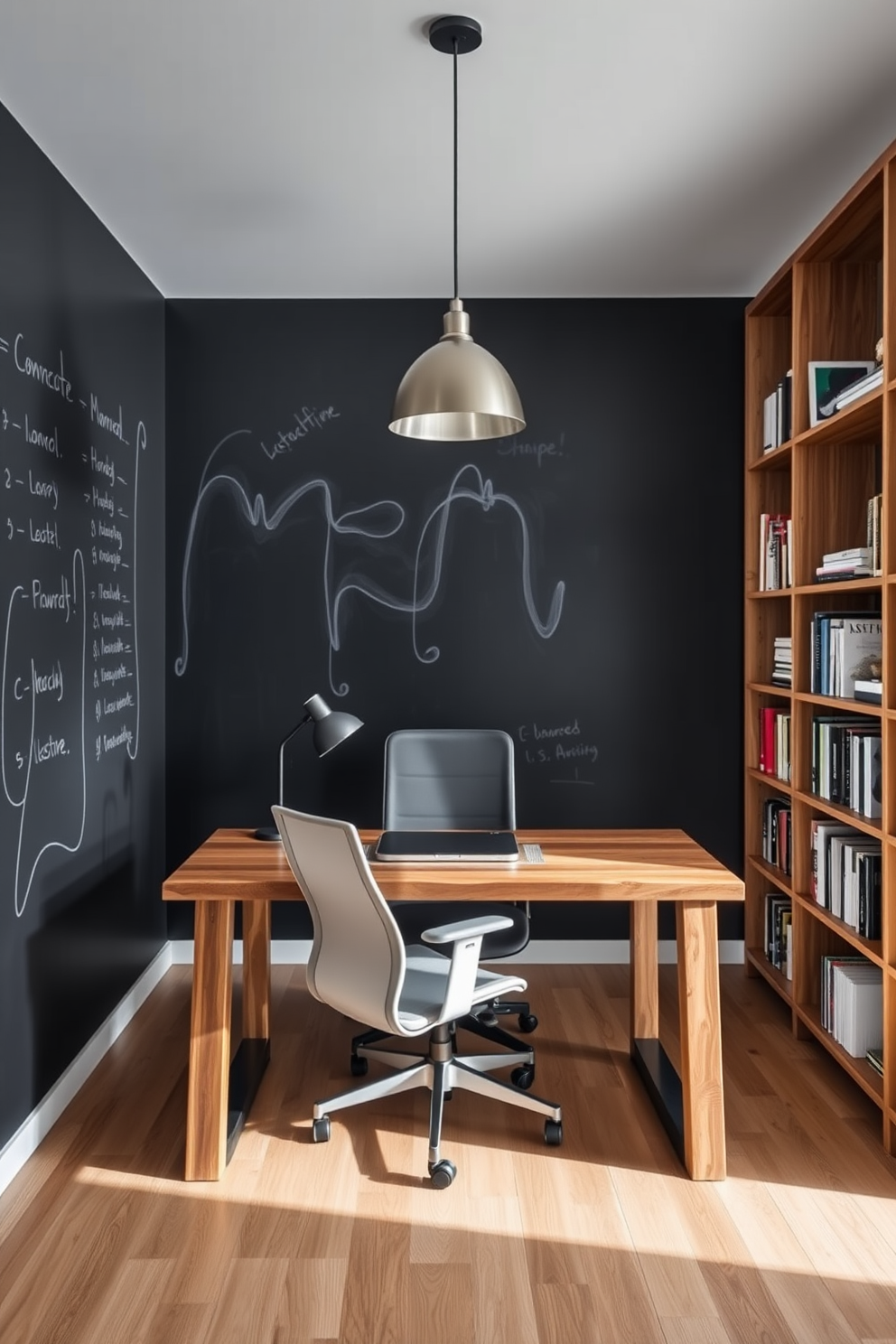 A contemporary home office features a large chalkboard wall on one side, providing a space for brainstorming and creativity. The opposite wall is lined with sleek shelving that holds books and decorative items, creating an organized yet stylish environment. A modern desk sits in the center, crafted from reclaimed wood with clean lines and minimalistic design. A comfortable ergonomic chair complements the desk, while a stylish pendant light hangs above, illuminating the workspace.