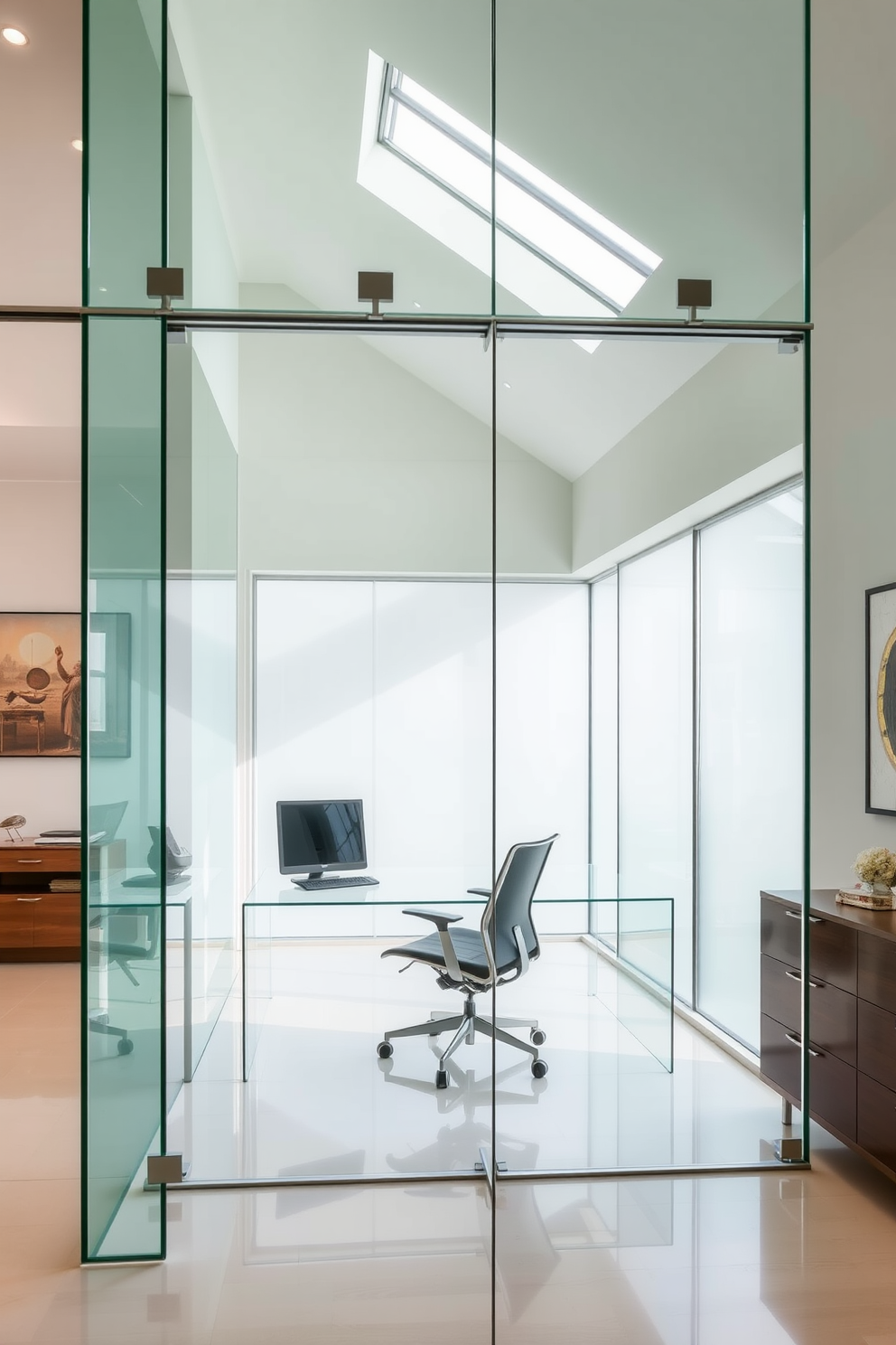 A contemporary home office designed with glass elements to create an airy and open atmosphere. The workspace features a sleek glass desk complemented by a comfortable ergonomic chair, while large glass windows allow natural light to flood the room.