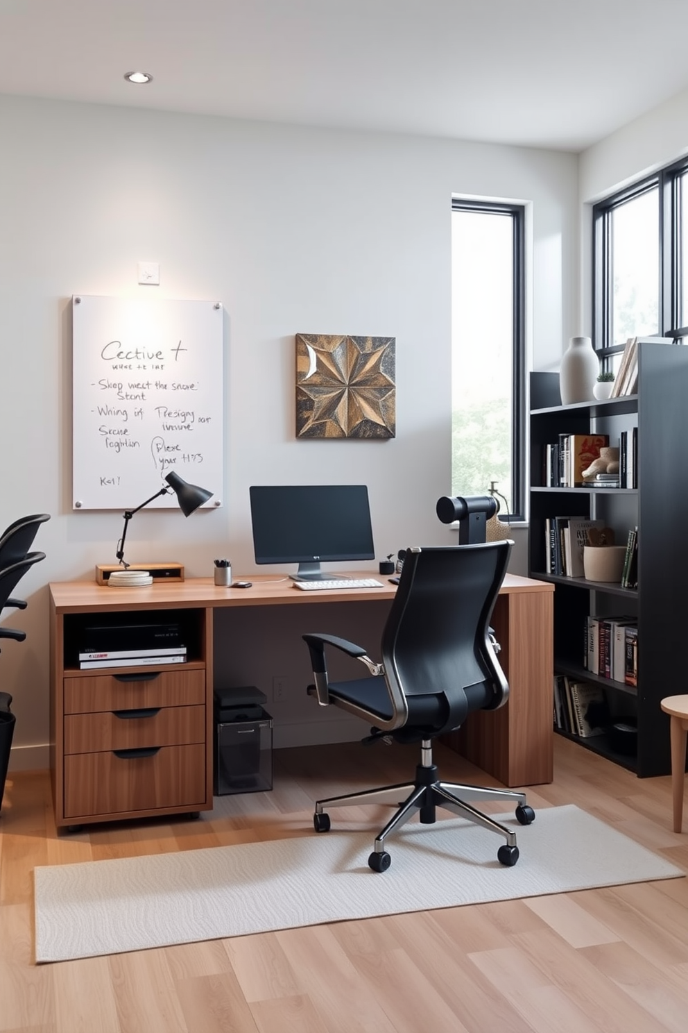 A contemporary home office features a sleek desk with integrated storage solutions and a comfortable ergonomic chair. The walls are adorned with functional artwork that doubles as a whiteboard, enhancing productivity while adding aesthetic appeal. Natural light floods the space through large windows, highlighting a minimalist color palette of soft grays and warm wood tones. A stylish bookshelf filled with curated books and decorative items adds personality and serves as a focal point in the room.