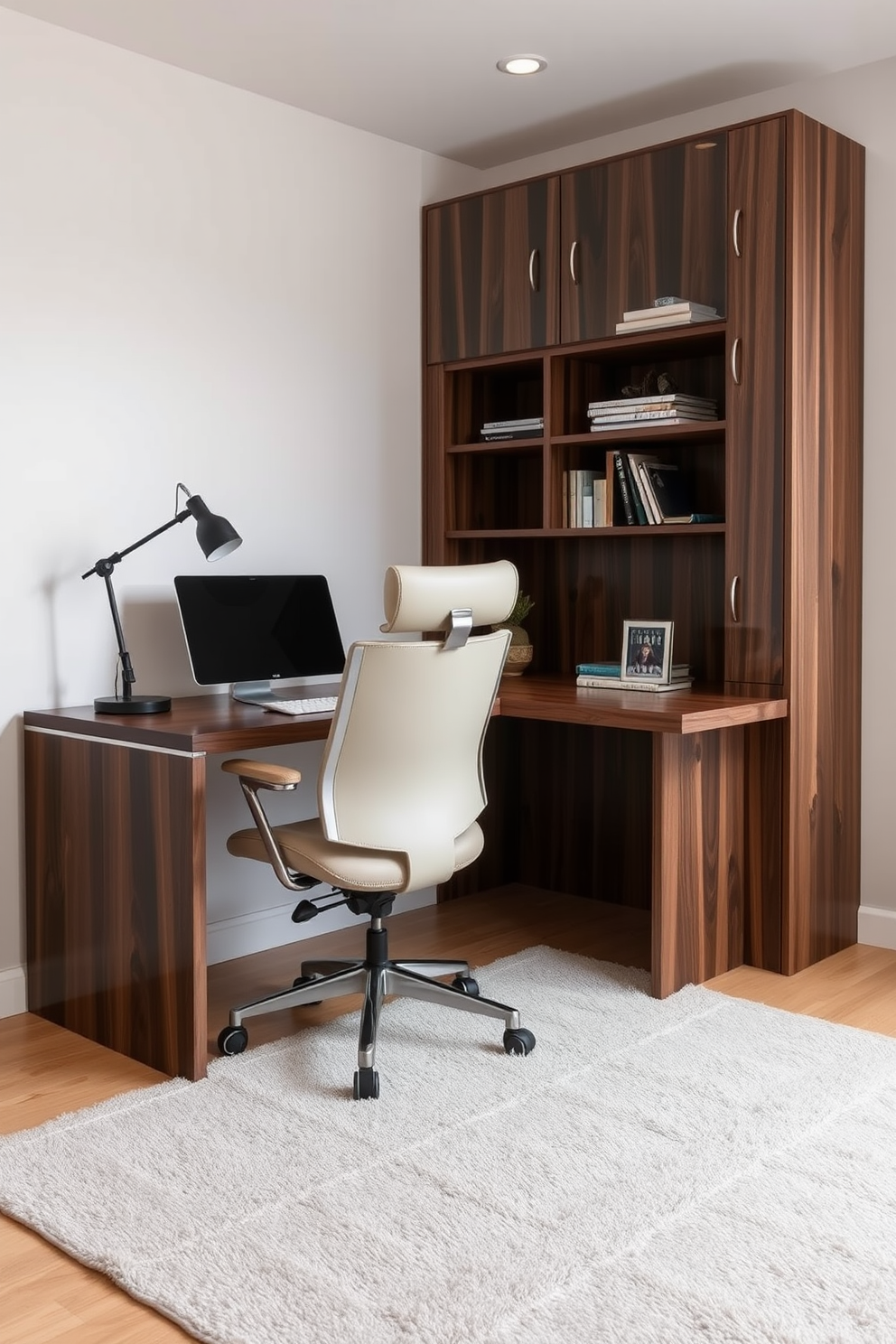 A contemporary home office features a sleek desk made of dark wood with a minimalist design. A comfortable ergonomic chair complements the desk, while a soft area rug in a neutral tone adds warmth and comfort underfoot.