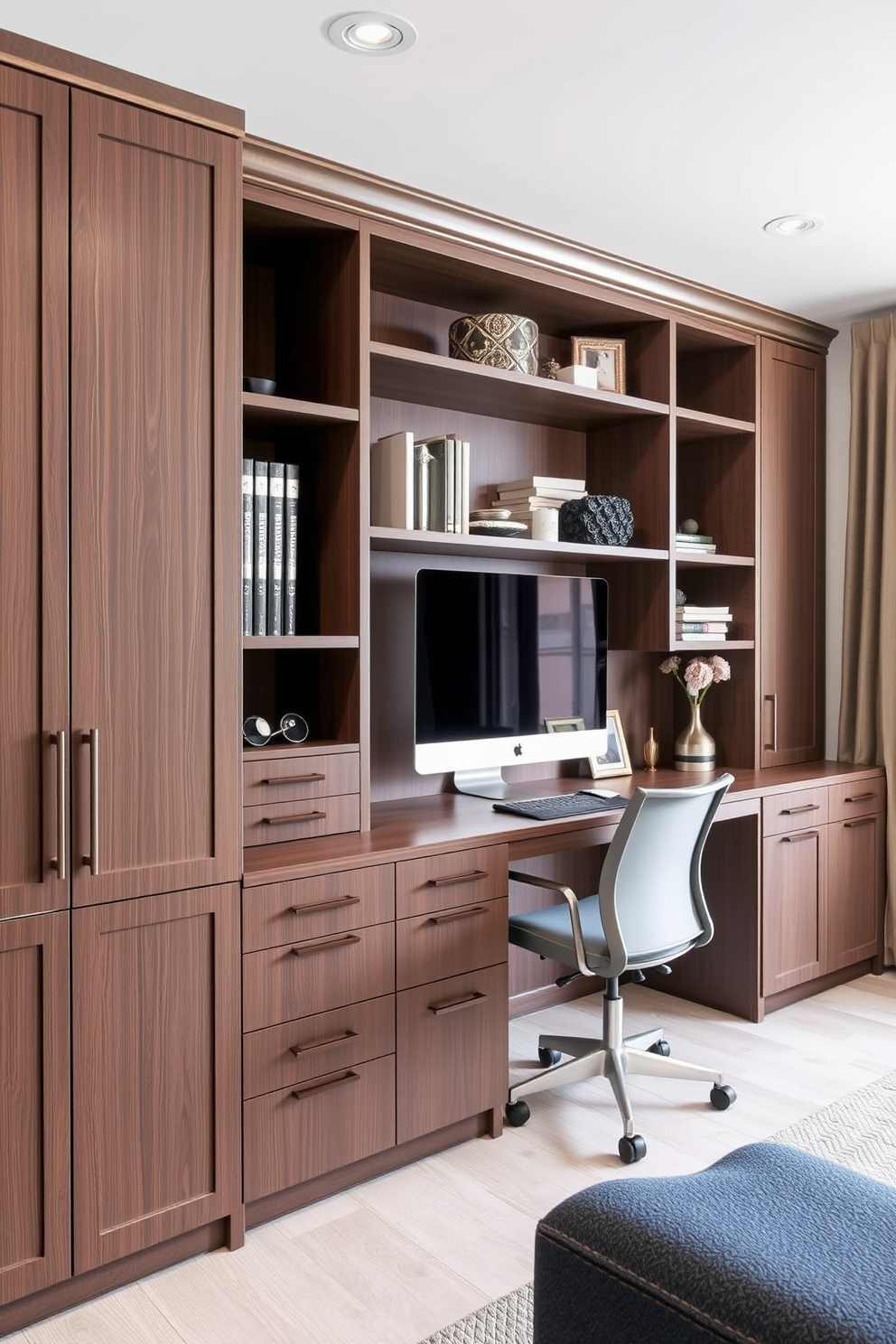 A contemporary home office features a sleek wooden desk paired with a comfortable ergonomic chair. The walls are adorned with textured wallpaper, and a large window allows natural light to flood the space. A cozy area rug adds warmth to the room, while floating shelves showcase books and decorative items. A stylish desk lamp provides focused lighting, enhancing the overall functionality of the workspace.