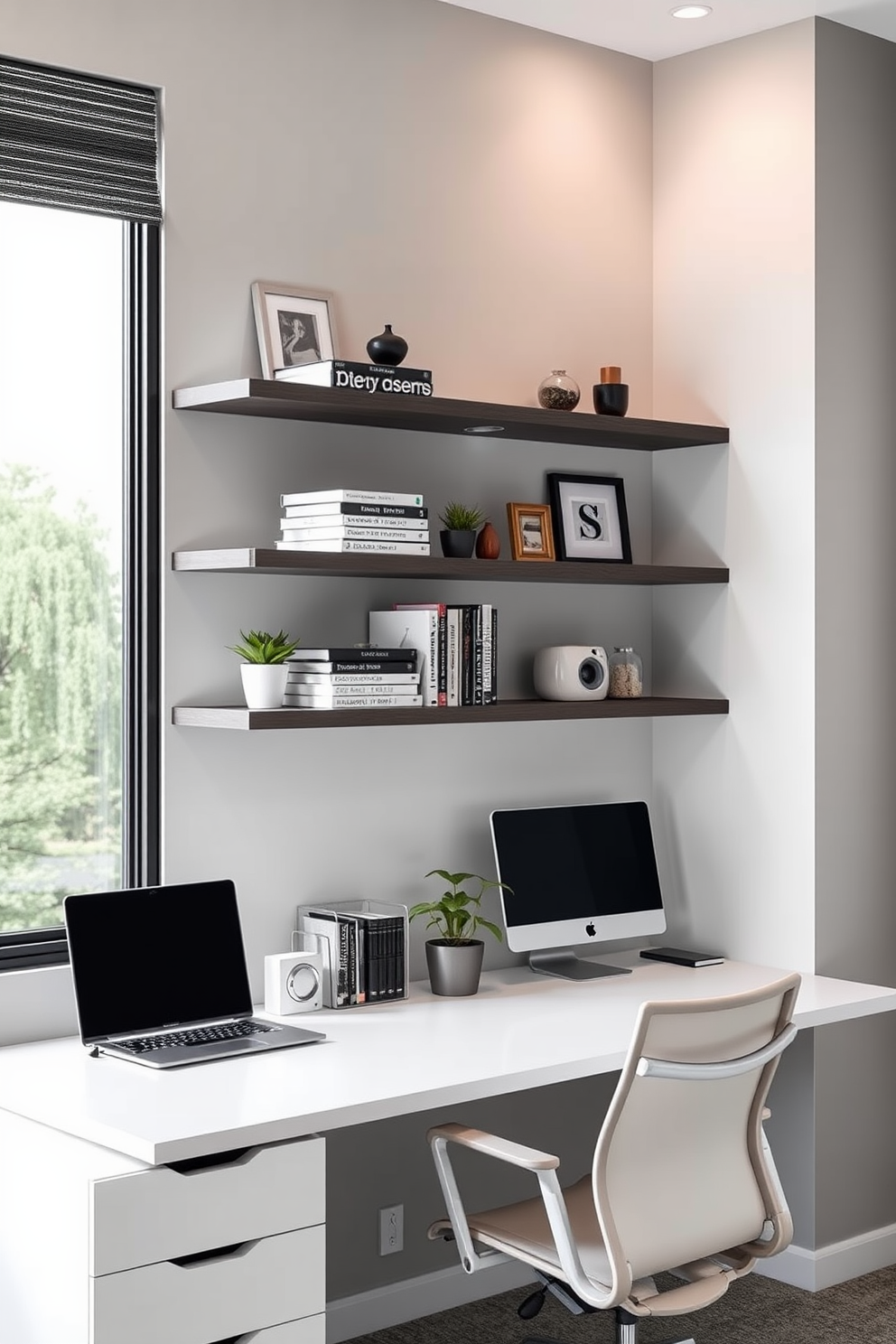 A sleek modern home office features floating shelves mounted on a light gray wall. The shelves are adorned with neatly organized books, stylish decorative items, and a small potted plant, creating a functional yet aesthetic workspace. The office desk is minimalistic with clean lines, paired with an ergonomic chair for comfort. A large window allows natural light to fill the room, enhancing the overall bright and airy atmosphere.