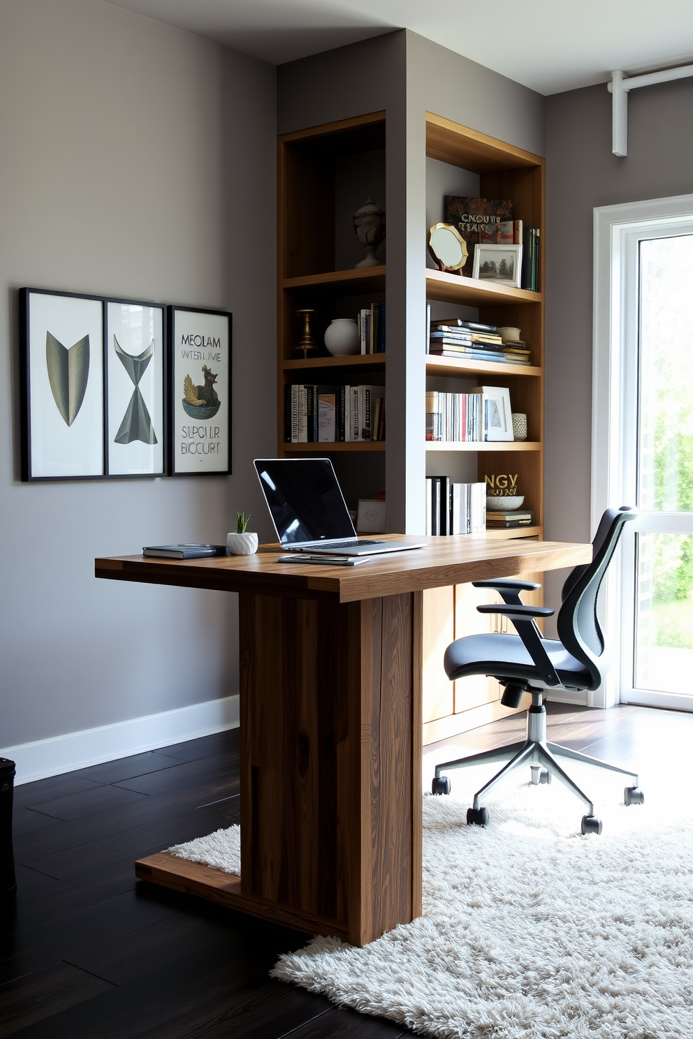 A contemporary home office featuring a sleek standing desk made of reclaimed wood with a minimalist design. The walls are painted in a soft gray, complemented by a large window that allows natural light to flood the space. To the right of the desk, a comfortable ergonomic chair with a modern aesthetic sits on a plush area rug. Shelves filled with books and decorative items line the walls, adding personality and warmth to the workspace.