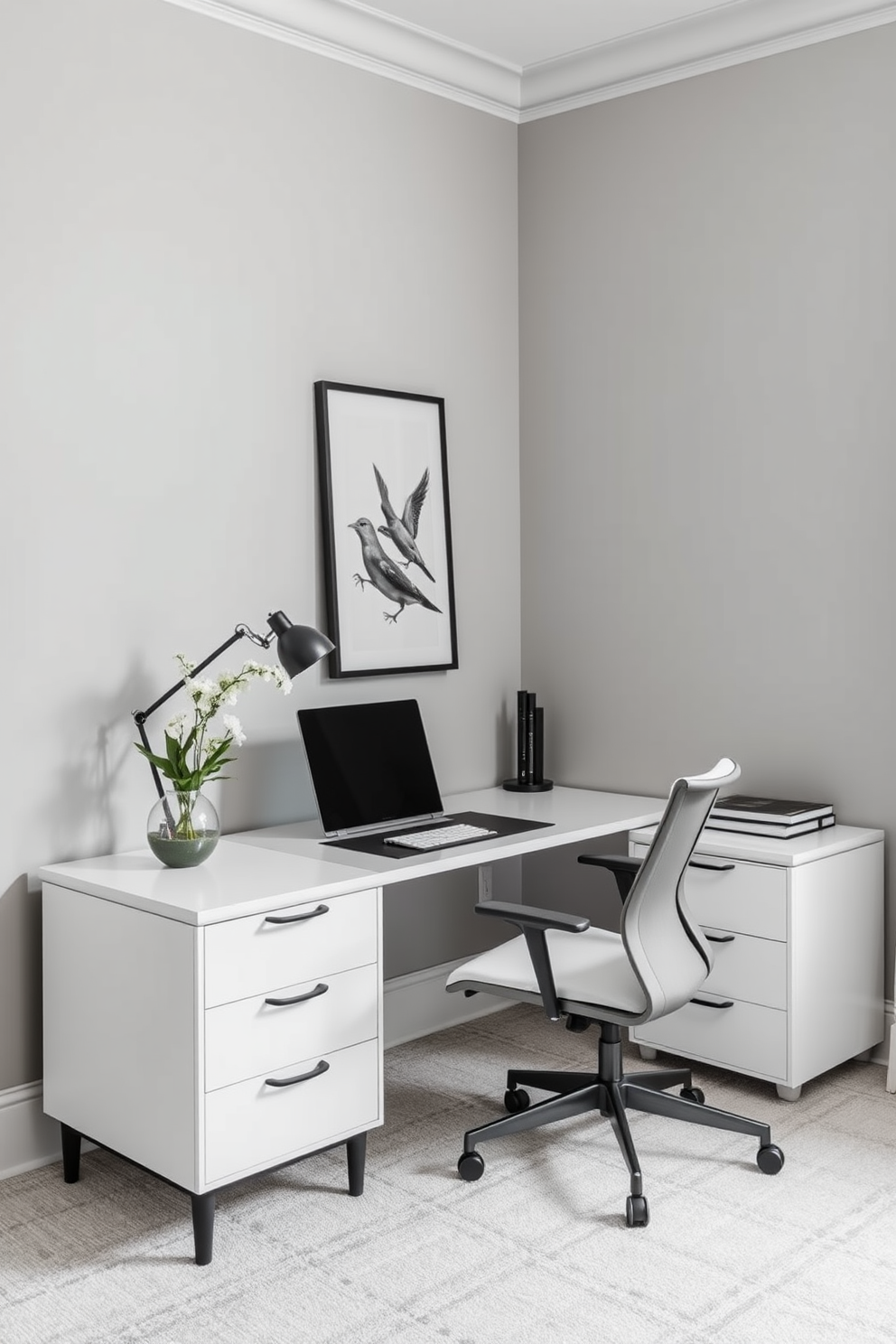 A contemporary home office featuring a monochromatic color scheme that exudes sophistication. The walls are painted in a soft gray, while the sleek desk and ergonomic chair are in matching tones, complementing the overall aesthetic.