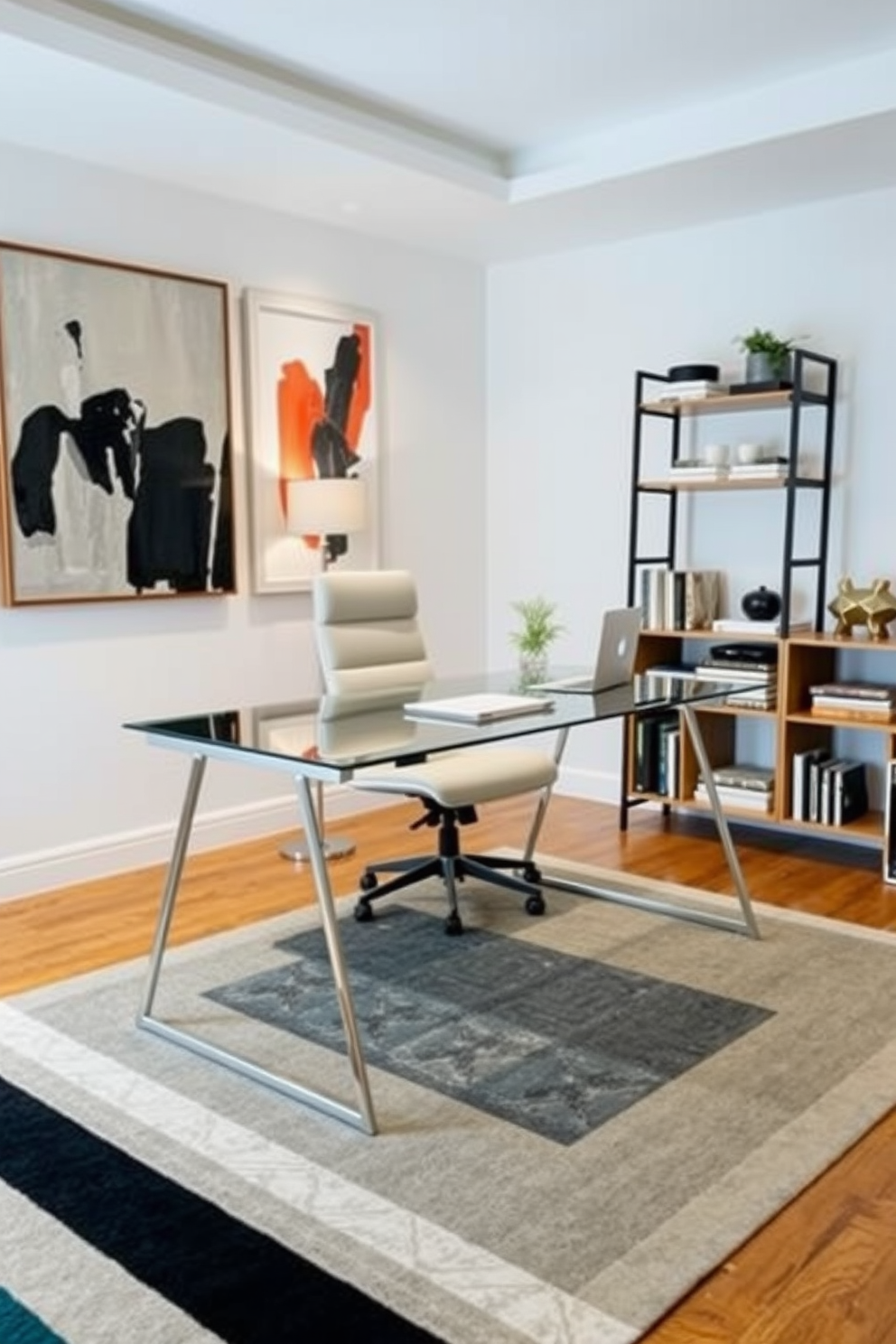 A contemporary home office featuring a sleek desk with a glass top and minimalist metal legs. The room is adorned with geometric patterned rugs that add visual interest, complemented by modern decor elements like abstract wall art and a stylish bookshelf.