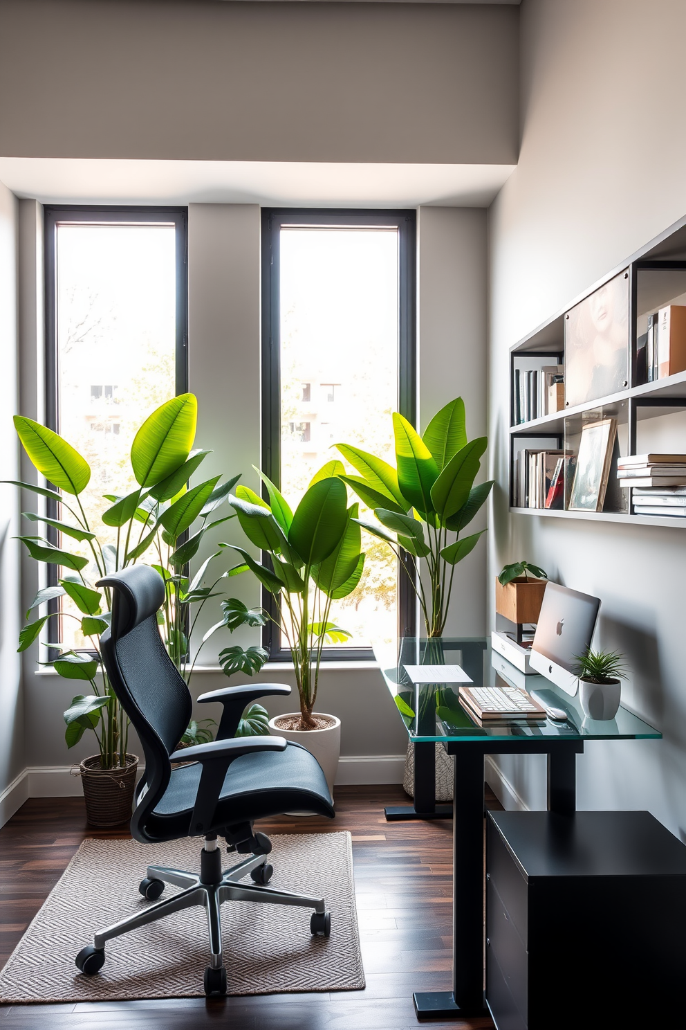 A contemporary home office features a sleek glass desk positioned in front of a large window that allows natural light to flood the space. A comfortable ergonomic chair is placed at the desk, and a stylish bookshelf filled with books and decorative items lines one wall. Lush indoor plants are strategically placed around the room, adding a touch of greenery and freshness to the environment. The walls are painted in a soft gray tone, and a modern art piece hangs above the desk, creating an inspiring atmosphere for productivity.