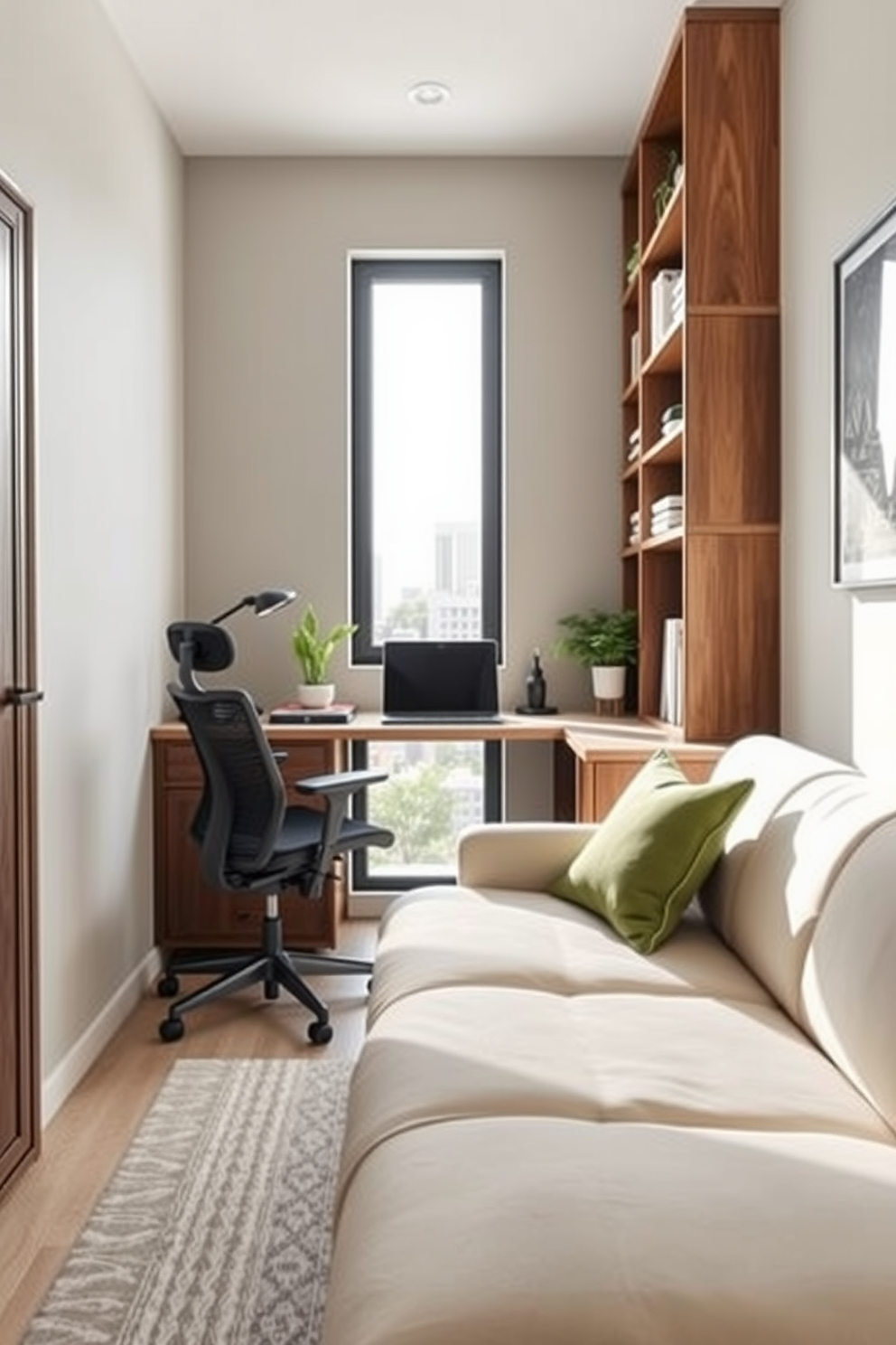 A contemporary home office featuring a sleek glass desk with a minimalist design positioned near a large window that allows natural light to flood the space. Surrounding the desk are stylish ergonomic chairs and built-in shelves filled with books and decorative items, while potted plants add a touch of greenery for freshness.