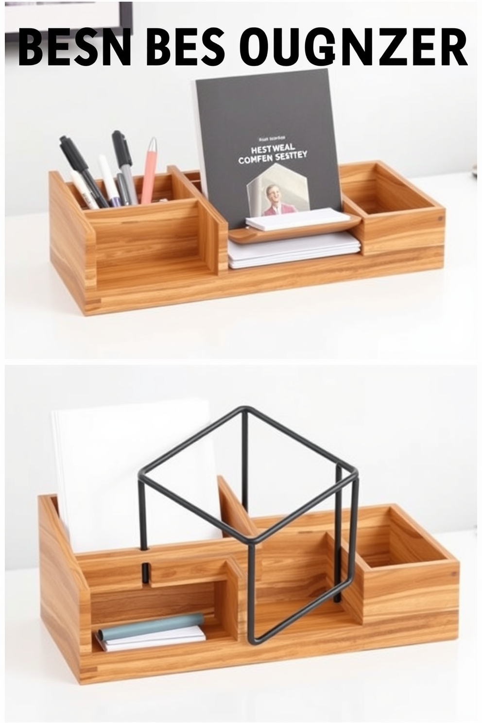 A stylish desk organizer made of natural wood with compartments for pens, notebooks, and office supplies. The organizer features a minimalist design that complements a modern home office aesthetic. A sleek metal desk organizer with a geometric shape, ideal for keeping documents and stationery neatly arranged. Its matte black finish adds a touch of sophistication to a contemporary workspace.