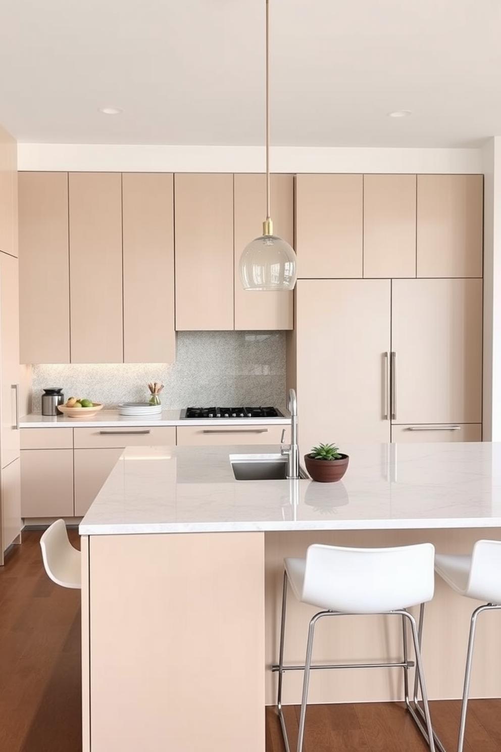 Sleek flat-front cabinetry in neutral tones creates a seamless and modern aesthetic in the kitchen. The countertops are made of polished quartz, complementing the cabinetry and enhancing the overall elegance of the space. A large kitchen island serves as a central gathering point, featuring bar stools with minimalist design. Pendant lighting hangs above the island, providing both functionality and a stylish focal point in the room.