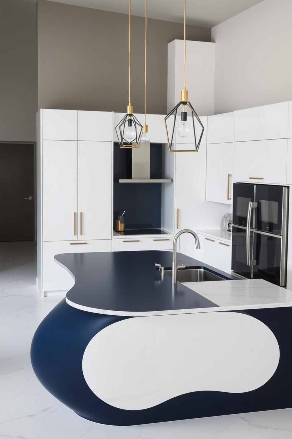 A contemporary kitchen featuring a contrasting island with a unique organic shape. The island is finished in a deep navy blue while the surrounding cabinetry is a crisp white, creating a striking visual balance. The countertops are made of a sleek quartz material with subtle veining, enhancing the modern aesthetic. Pendant lights with geometric designs hang above the island, providing both function and style.