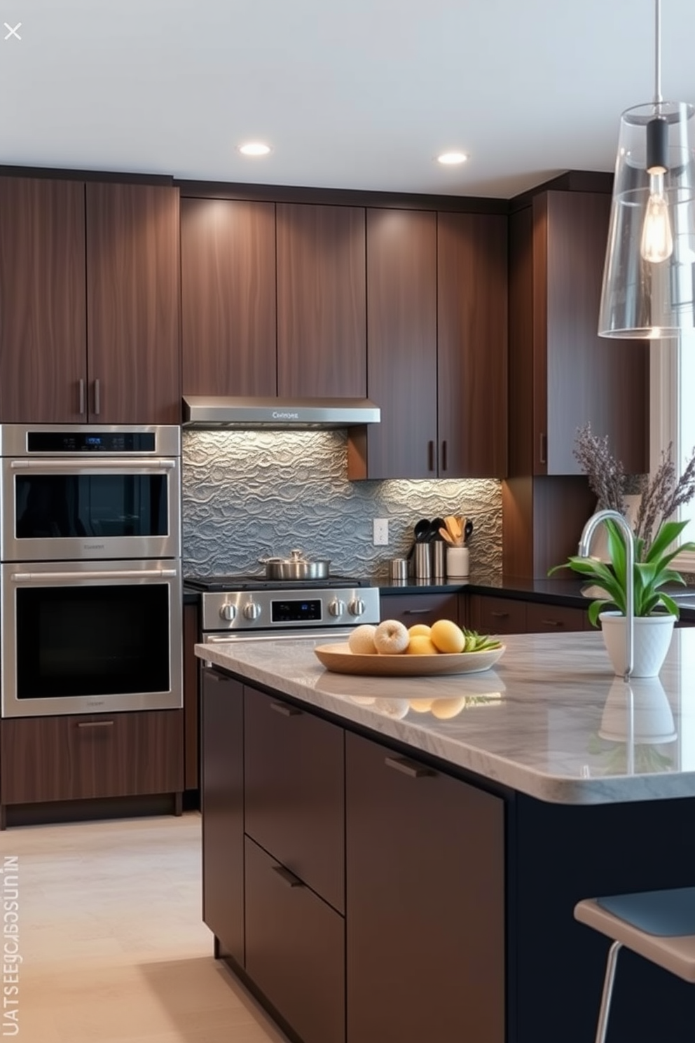 A contemporary kitchen setting features high contrast black cabinets paired with a white quartz countertop that has striking veining. The space is illuminated by pendant lights hanging above a spacious island, which also serves as a breakfast bar with stylish stools.