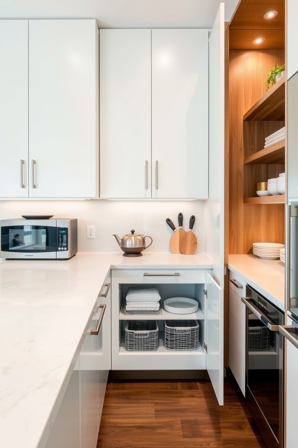 A contemporary kitchen featuring sleek cabinetry with integrated storage solutions to maximize space. The design includes pull-out shelves, hidden compartments, and a stylish island with additional storage beneath. The color palette consists of soft grays and whites, complemented by stainless steel appliances. A backsplash of textured tiles adds a modern touch, while pendant lighting illuminates the workspace effectively.