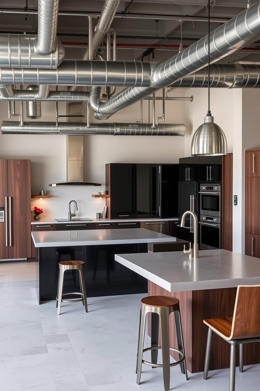 A contemporary kitchen design featuring industrial elements with sleek metal fixtures. The space includes a large island with a polished concrete countertop and bar stools made of metal and wood. Exposed ductwork runs along the ceiling, adding to the industrial feel of the room. The cabinetry is a mix of dark wood and glossy black finishes, complemented by stainless steel appliances.