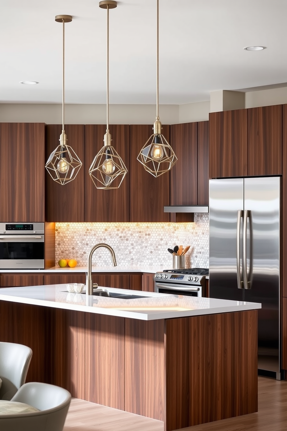 A contemporary kitchen features sleek cabinetry in a rich walnut finish paired with a white quartz countertop. Hanging above the island, artistic pendant lights with geometric designs draw the eye and create a warm ambiance. The backsplash showcases a mosaic of iridescent tiles that reflect light beautifully, enhancing the overall design. Stainless steel appliances seamlessly integrate into the space, providing both functionality and a modern touch.