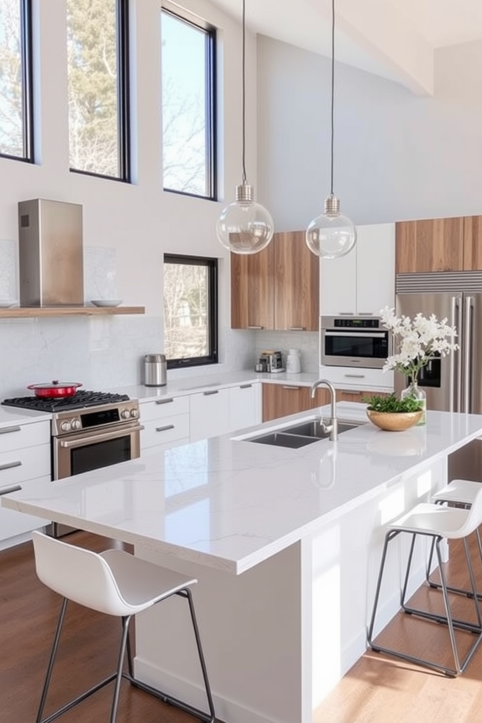 A functional kitchen island with seating features a sleek quartz countertop that extends over the edge to create a breakfast bar. Surrounding the island are modern bar stools with a minimalist design, complementing the overall contemporary kitchen aesthetic. The cabinetry is a mix of matte white and natural wood finishes, providing a warm yet sophisticated look. Large windows allow natural light to flood the space, highlighting the stainless steel appliances and stylish pendant lighting above the island.