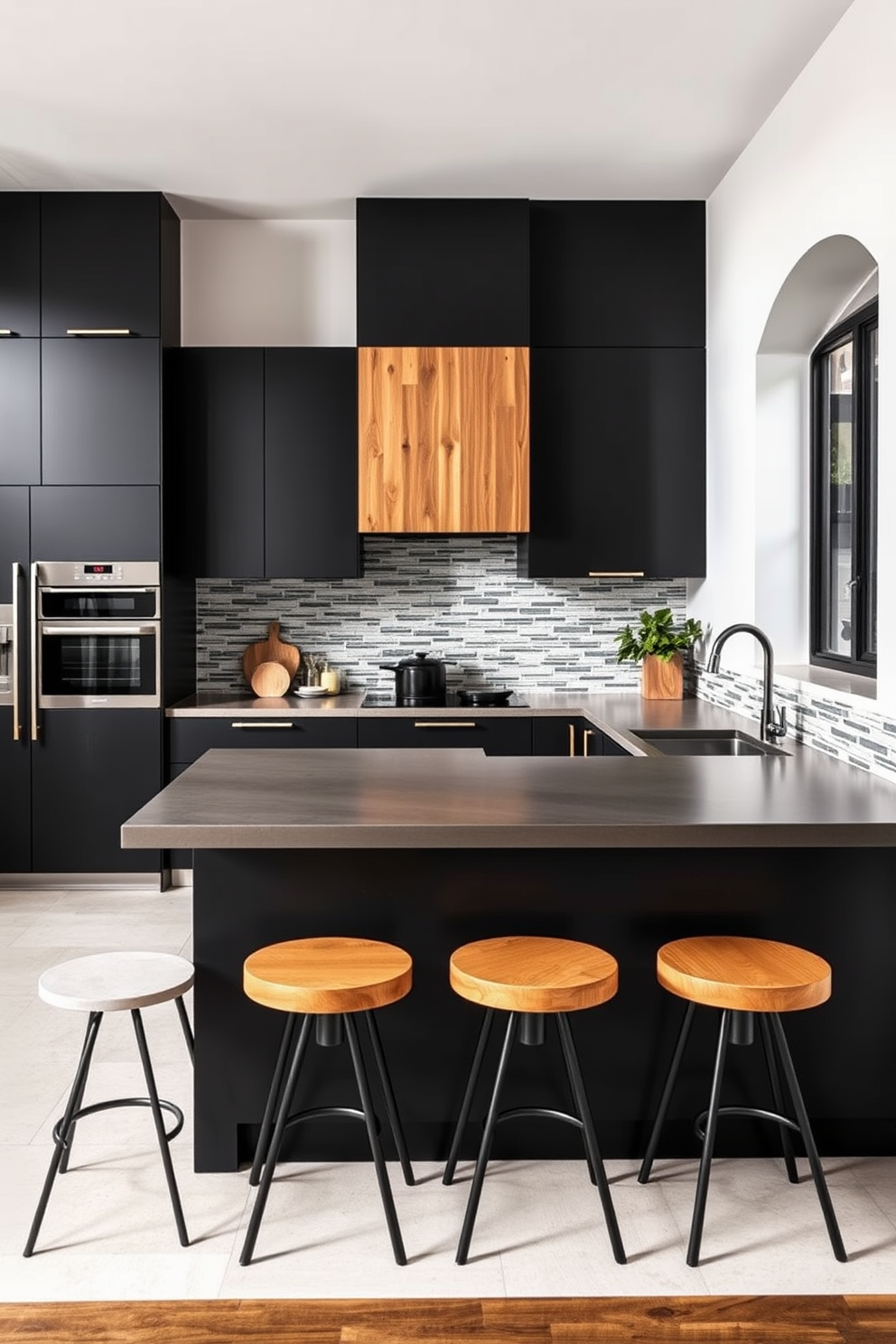 A contemporary kitchen featuring a mix of materials for a layered look. The cabinetry combines sleek matte black finishes with warm wood accents, creating a striking contrast. A large island made of polished concrete serves as the centerpiece, with stylish bar stools arranged around it. The backsplash is a combination of textured tiles and glossy subway tiles, adding depth and interest to the space.