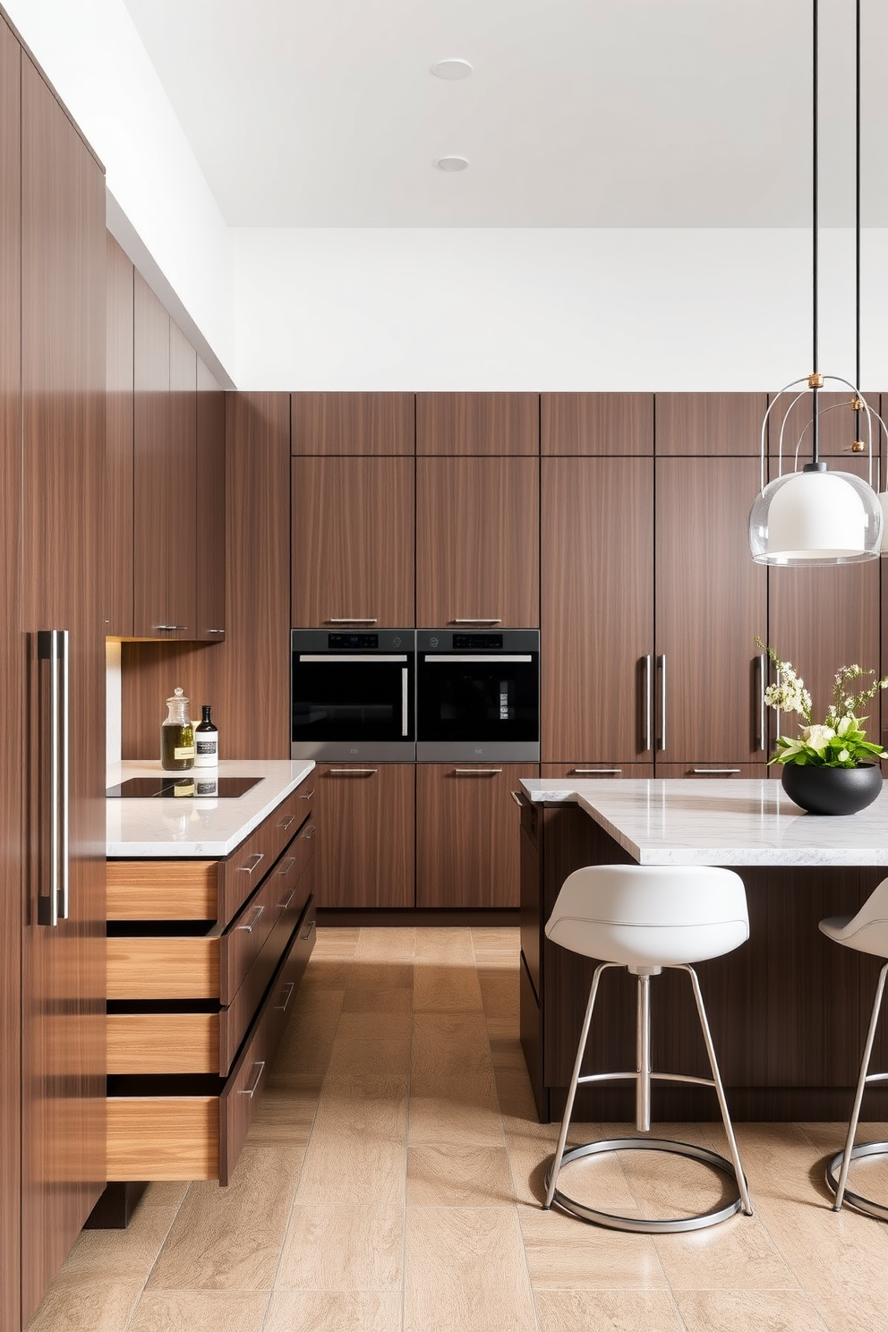 A contemporary kitchen design featuring sleek cabinetry with soft-close drawers for added luxury. The space includes a large island with a waterfall countertop, complemented by modern bar stools and stylish pendant lighting above.