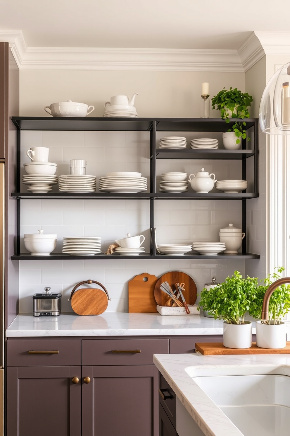 Open shelving creates an airy atmosphere in a contemporary kitchen. The shelves are filled with elegant dishware and potted herbs, enhancing both functionality and aesthetics.