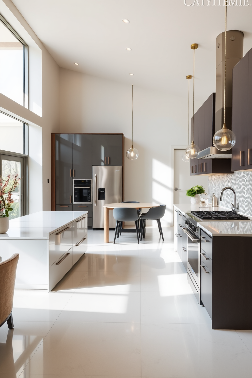 A spacious open floor plan seamlessly connects the kitchen to the living and dining areas. The contemporary kitchen features sleek cabinetry with a glossy finish, an oversized island with bar seating, and high-end stainless steel appliances. Natural light floods the space through large windows, highlighting the minimalist design and neutral color palette. A stylish backsplash with geometric patterns adds a touch of visual interest, while pendant lights provide warm illumination over the island.