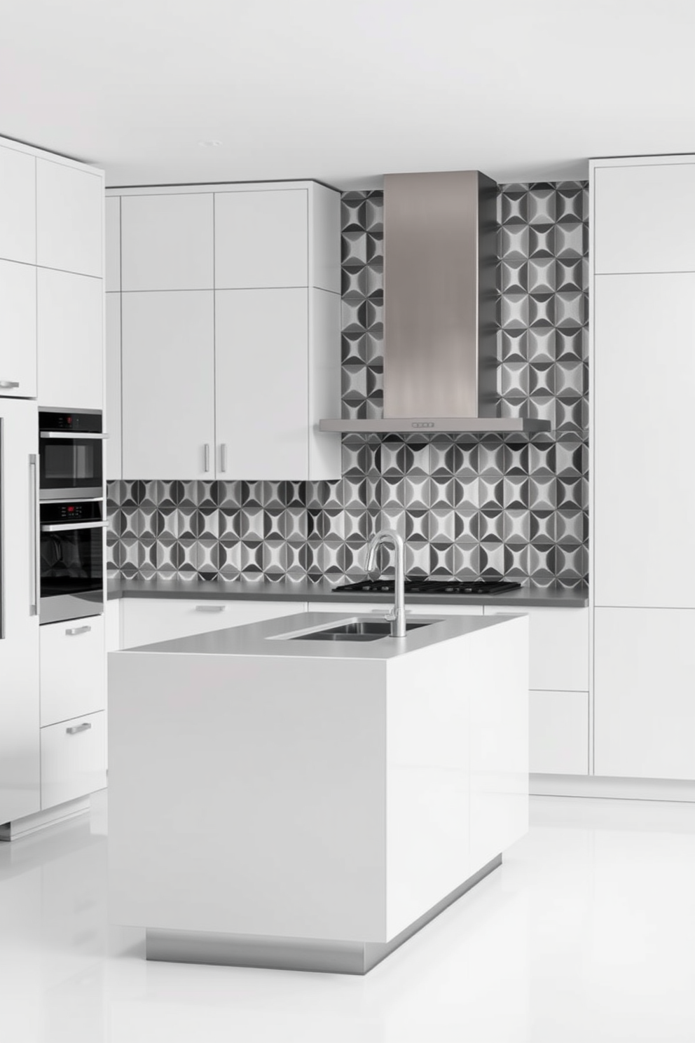 A contemporary kitchen featuring crisp lines and geometric shapes creates a sleek and modern aesthetic. The cabinetry is minimalist with flat-panel doors, and the island showcases a sharp rectangular shape topped with a solid surface. The backsplash is a striking geometric tile pattern that adds visual interest without overwhelming the space. Stainless steel appliances seamlessly integrate into the design, enhancing the clean lines and functionality of the kitchen.