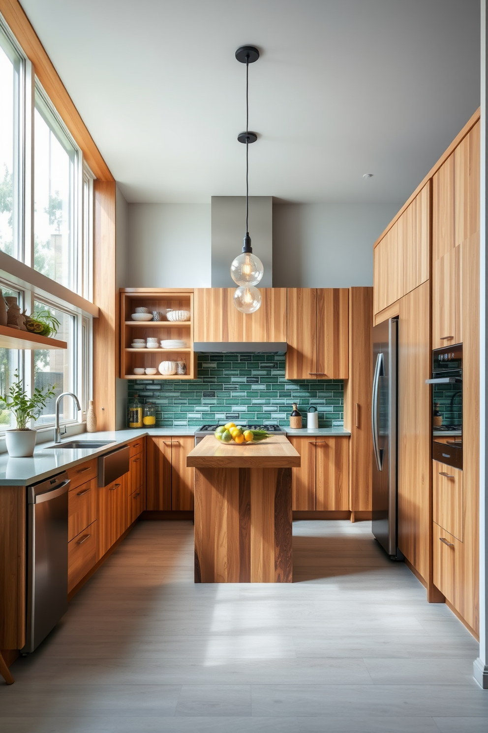 A contemporary kitchen featuring sustainable materials such as bamboo cabinetry and recycled glass countertops. The space is bright and airy with large windows allowing natural light to flood in and a green backsplash made from reclaimed tiles. Stylish pendant lights hang above a central island made of reclaimed wood, providing both functionality and aesthetic appeal. Eco-friendly appliances are seamlessly integrated into the design, emphasizing a commitment to sustainability while maintaining a modern look.