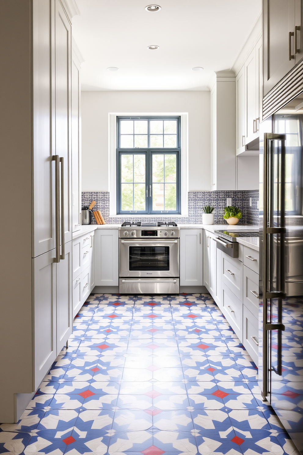 A contemporary kitchen design features bold tile patterns for flooring that create a striking visual impact. Sleek cabinetry in a matte finish complements the vibrant tiles, while stainless steel appliances add a modern touch.