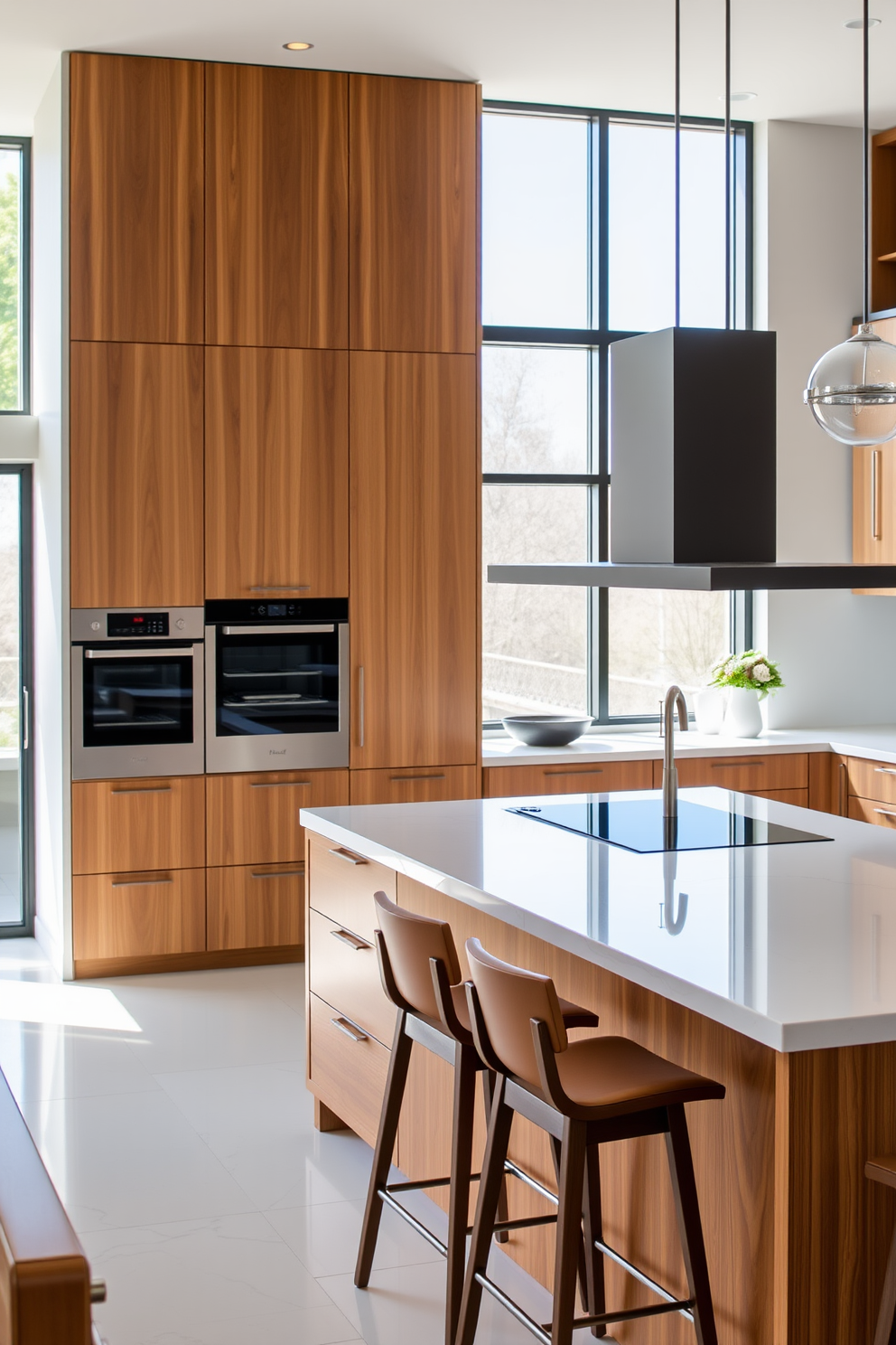 A contemporary kitchen featuring sleek cabinetry with integrated smart appliances seamlessly blending into the design. The island is equipped with a touch-sensitive cooktop and retractable range hood, surrounded by high-backed stools for casual dining. Natural light floods the space through large windows, highlighting the clean lines and minimalist decor. A combination of white quartz countertops and warm wood accents creates an inviting yet sophisticated atmosphere.